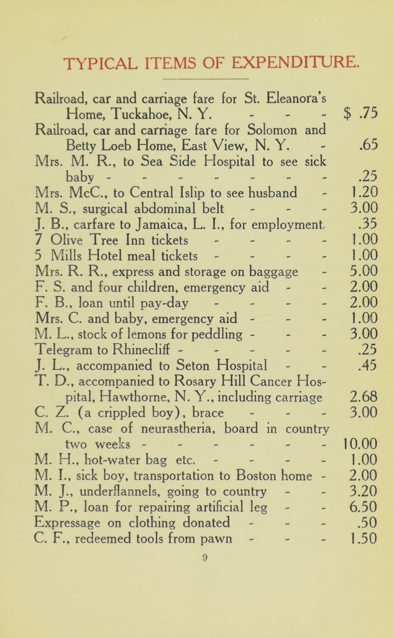 TYPICAL ITEMS OF EXPENDITURE. Railroad, car and carriage fare for St. Eleanora’s Home, Tuckahoe, N. Y. - - - $ .75 Railroad, car and carriage fare for Solomon and Betty Loeb Home, Elast View, N. Y. - .65 Mrs. M. R., to Sea Side Hospital to see sick baby ------- .25 Mrs. McC., to Central Islip to see husband - 1.20 M. S., surgical abdominal belt _ - - 3.00 J. B., carfare to Jamaica, L. I., for employment, .35 7 Olive Tree Inn tickets - - - - 1.00 5 Mills Hotel meal tickets - - - - 1.00 Mrs. R. R., express and storage on baggage - 5.00 F. S. and four children, emergency aid - - 2.00 F. B., loan until pay-day - - - - 2.00 Mrs. C. and baby, emergency aid - - - 1.00 M. L., stock of lemons for peddling - - - 3.00 Telegram to Rhinecliff ----- .25 J. L., accompanied to Seton Hospital - - .45 T. D., accompanied to Rosary Hill Cancer Hos- pital, Hawthorne, N. Y., including carriage 2.68 C. Z. (a crippled boy), brace - _ - 3.00 M. C, case of neurastheria, board in country two weeks ------ 10.00 M. H., hot-water bag etc. - - - - 1.00 M. I., sick boy, transportation to Boston home - 2.00 M. J., underflannels, going to country - - 3.20 M. P., loan for repairing artificial leg - - 6.50 Expressage on clothing donated - - - .50 C. F., redeemed tools from pawn - - - 1.50