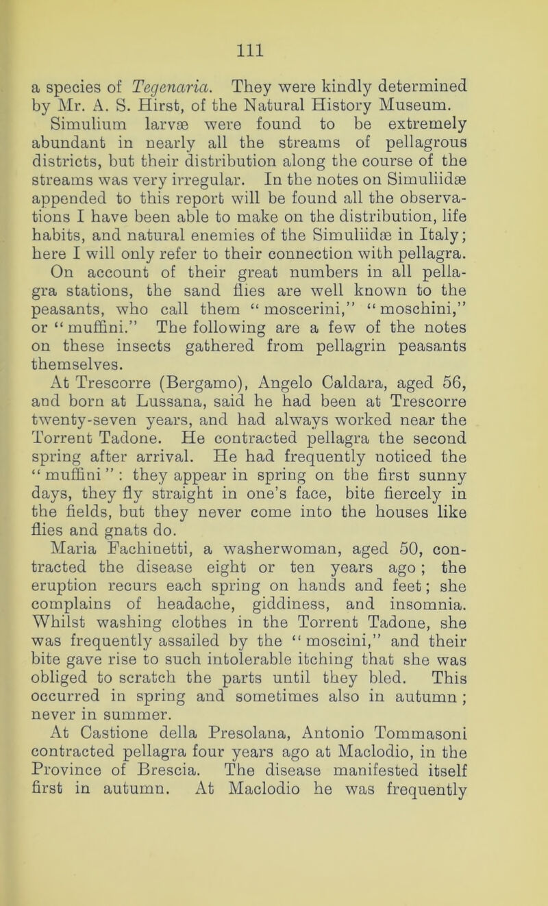 a species of Tegenaria. They were kindly determined by Mr. A. S. Hirst, of the Natural History Museum. Simulium larvae were found to be extremely abundant in nearly all the streams of pellagrous districts, but their distribution along the course of the streams was very irregular. In the notes on Simuliid£e appended to this report will be found all the observa- tions I have been able to make on the distribution, life habits, and natural enemies of the Simuliidge in Italy; here I will only refer to their connection with pellagra. On account of their great numbers in all pella- gra stations, the sand flies are well known to the peasants, who call them “ moscerini,” “ moschini,” or “ muffini.” The following are a few of the notes on these insects gathered from pellagrin peasa,nts themselves. At Trescorre (Bergamo), Angelo Caldara, aged 56, and born at Lussana, said he had been at Trescorre twenty-seven years, and had always worked near the Torrent Tadone. He contracted pellagra the second spring after arrival. He had frequently noticed the “ muffini ” ; they appear in spring on the first sunny days, they fly straight in one’s face, bite fiercely in the fields, but they never come into the houses like flies and gnats do. Maria Fachinetti, a washerwoman, aged 50, con- tracted the disease eight or ten years ago; the eruption recurs each spring on hands and feet; she complains of headache, giddiness, and insomnia. Whilst washing clothes in the Torrent Tadone, she was frequently assailed by the “ moscini,” and their bite gave rise to such intolerable itching that she was obliged to scratch the parts until they bled. This occurred in spring and sometimes also in autumn ; never in summer. At Castione della Presolana, Antonio Tommasoni contracted pellagra four years ago at Maclodio, in the Province of Brescia. The disease manifested itself first in autumn. At Maclodio he was frequently