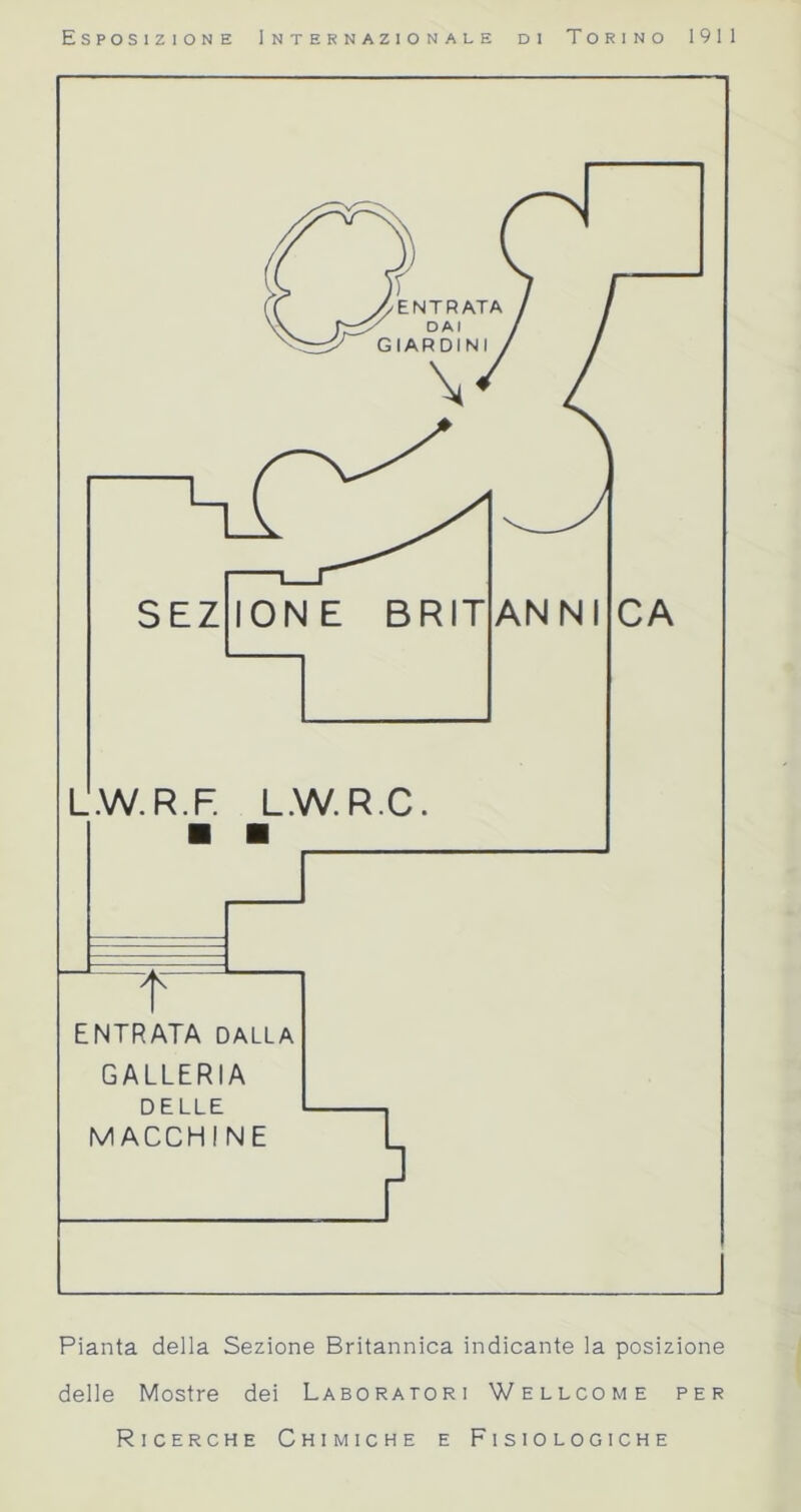 Pianta della Sezione Britannica indicante la posizione delle Mostre dei Laboratori Wellcome per Ricerche Chimiche e Fisiologiche