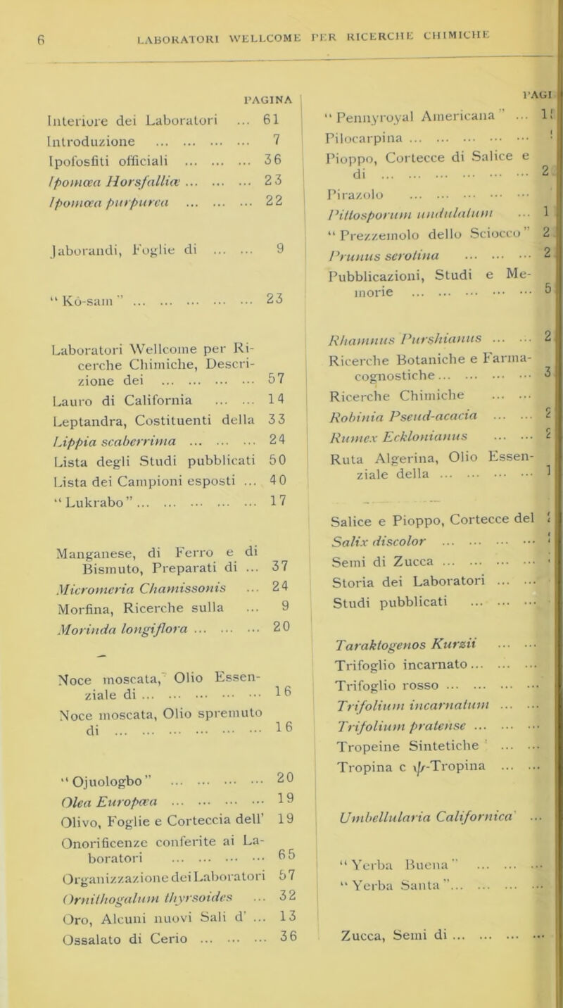 PAGINA Interiore dei Laboratori ... 61 Introduzione 7 Ipofosfiti officiali 36 fpoiHcea Hors fallite 2 3 !pomcea purpurea 22 Iaborandi, Foglie di 9 “ Kò-sani  2 3 PAGI “ Pennyroyal Americana 11 Pilocarpina ! Pioppo, Cortecce di Salice e di 2 Pirazolo Pittosporuni undulatum ... 1 “ Prezzemolo dello Sciocco 2 Prutius scrollila 2 Pubblicazioni, Studi e Me- morie 5 Laboratori Wellcome per Ri- cerche Chimiche, Descri- zione dei 57 Lauro di California 14 Leptandra, Costituenti della 3 3 Lippia scaberrima 24 Lista degli Studi pubblicati 50 Lista dei Campioni esposti ... 4 0 “Lukrabo” 17 Manganese, di Ferro e di Bismuto, Preparati di ... 37 Micromeria Chamissonis ... 24 Morfina, Ricerche sulla ... 9 Morinda longiflora 20 Noce moscata, Olio Essen- ziale di Noce moscata, Olio spremuto di Ojuologbo” Ole a Euro pera Olivo, Foglie e Corteccia dell' Onorificenze conferite ai La- boratori Organizzazione dei Laboratori Ornilhogalum thyrsoides Oro, Alcuni nuovi Sali d' ... Ossalato di Cerio 20 19 19 65 57 32 13 36 Rhainnus Purshianus Ricerche Botaniche e Farma- cognostiche : Ricerche Chimiche Robinia Pseud-acacia Rumex Ecklonianus Ruta Algerina, Olio Essen- ziale della Salice e Pioppo, Cortecce del Salix discolor Semi di Zucca Storia dei Laboratori Studi pubblicati j Taraklogenos Kurzii Trifoglio incarnato Trifoglio rosso Trifolimn incarnatimi Trifolium pratense •' Tropeine Sintetiche Tropina c \|/-Tropina U ni bella laria Californ ica “Yerba Buona “ “ Yerba Santa”... Zucca, Semi di