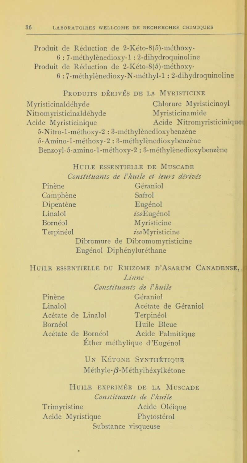 Produit de Réduction de 2-Kéto-8(5)-méthoxy- 6 : 7-méthylèneclioxy-l : '2-dihydroquinoline Produit de Réduction de 2-Kéto-8(5)-méthoxy- 6 : 7-méthylènedioxy-N-méthyl-l : 2-dihydroquinoline Produits dérivés de la Myristicine Myristicinaldéhyde Chlorure Myristicinoyl Nitiomyristicinaldéhyde Myristicinamide Acide Myristicinique Acide Nitromyristicinique 5-Nitro-l-méthoxy-2 :3-méthylènedioxybenzène 5-Amino-l-méthoxy-2 : 3-méthylènedioxybenzène Benzoyl-5-amino-l-méthoxy-2 : 3-méthylènedioxybenzène Huile essentielle de Muscade Constituants de l'huile et leurs dérivés Tinène Géraniol Camphène Safrol Dipentène Eugénol Linalol AÆugénol Bornéol Myristicine Terpinéol AuMyristicine Dibromure de Dibromomyristicine Eugénol Diphényluréthane Huile essentielle du Rhizome d’Asarum Canadense, Linné Pinène Linalol Acétate de Bornéol Acétate de Constituants de P huile Géraniol Acétate de Géraniol Linalol Terpinéol Huile Bleue Bornéol Acide Palmitique Éther méthylique d ’Eugénol Un Kétone Synthétique Méthyle-/3-Méthylhéxylkétone Huile exprimée de la Muscade Constituants de Vhuile Trimyristine Acide Oléique Acide Myristique Phytostérol Substance visqueuse