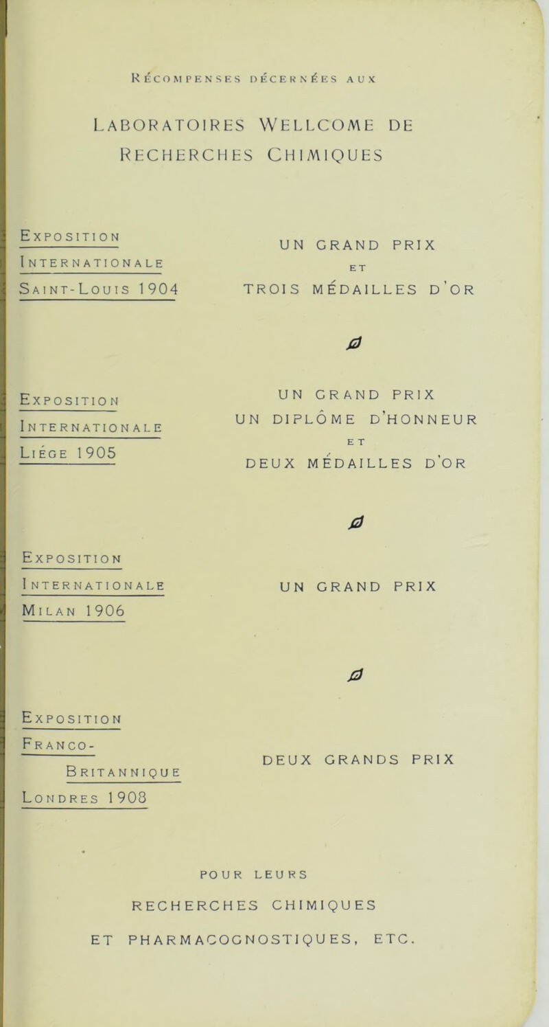 Récompenses décernées aux laboratoires Wellcome de Recherches Chimiques Exposition I NTERN ATIONALE Saint-Louis 1 904 0 UN GRAND PRIX E T TROIS MÉDAILLES D'OR Exposition Internationale Liège 1905 UN GRAND PRIX UN DIPLÔME D’HONNEUR E T DEUX MÉDAILLES D’OR Exposition I nternationale Milan 1906 0 UN GRAND PRIX 0 Exposition Franco- Britannique Londres 1 908 DEUX GRANDS PRIX pour leurs RECHERCHES CHIMIQUES ET PH ARM ACOGNOSTIQU ES, ETC.