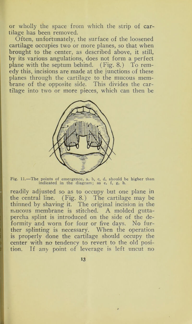 or wholly the space from which the strip of car- tilage has been removed. Often, unfortunately, the surface of the loosened cartilage occupies two or more planes, so that when brought to the center, as described above, it still, by its various angulations, does not form a perfect plane with the septum behind. (Fig. 8.) To rem- edy this, incisions are made at the junctions of these planes through the cartilage to the mucous mem- brane of the opposite side. This divides the car- tilage into tw'O or more pieces, which can then be Fig. 11.—The points of emergence, a, b, c, d, should be higher than indicated in the diagram; as e, f, g, h. readily adjusted so as to occupy but one plane in the central line. (Fig. 8.) The cartilage may be thinned by shaving it. The original incision in the niucous membrane is stitched. A molded gutta- percha splint is introduced on the side of the de- formity and worn for four or five days. No fur- ther splinting is necessary. When the operation is properly done the cartilage should occupy the center with no tendency to revert to the old posi- tion. If any point of leverage is left uncut no