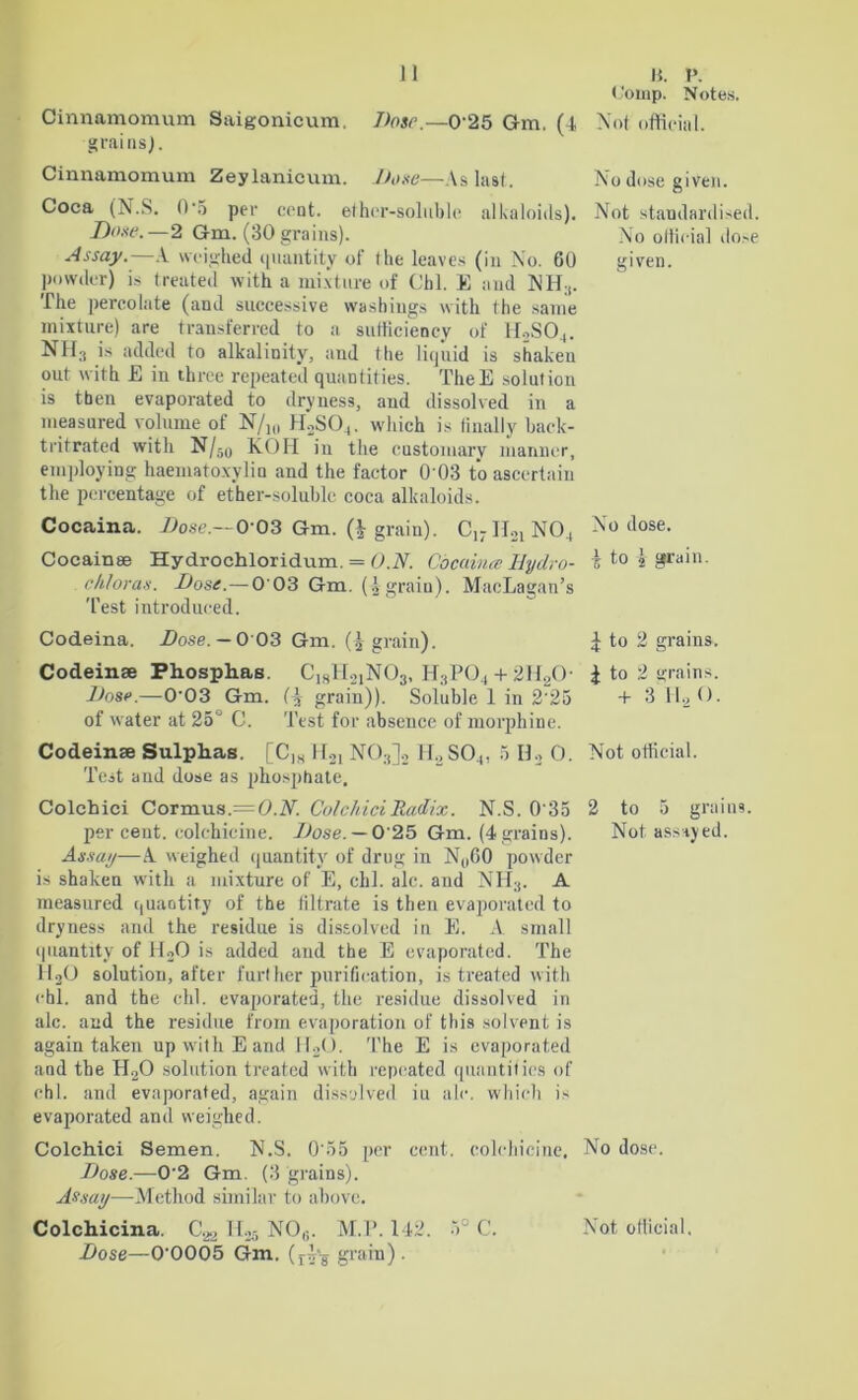 Cinnamomum Saigonicum. I)osc.—0'25 Gm. (4 grains). Cinnamomum Zeylanicum. Done—As last. Coca (N.S. (V5 per cent, ether-soluble alkaloids). Done.—2 Gm. (30 grains). Assay.—A weighed quantity of (he leaves (in No. 60 powder) is treated with a mixture of Cbl. E and NH:l. The percolate (and successive washings with the same mixture) are transferred to a sufficiency of 1I2S0.,. NH3 is added to alkalinity, and the liquid is shakeu out with £ in three repeated quantities. TheE solution is then evaporated to dryness, and dissolved in a measured volume of N/1(, H2SO,. which is finally back- tritrated with N/50 KOH in the customary manner, employing haematoxylin and the factor 0 03 to ascertain the percentage of ether-soluble coca alkaloids. Cocaina. Dose.~0 03 Gm. (£ grain). CI7II21N04 Cocainse Hydrochloridum. = O.N. Cocaince Hydro- rhloran. Dose.—0 03 Gm. (»grain). MacLagan’s Test introduced. Codeina. Dose. — 0 03 Gm. (| grain). Codeinse Phosphas. Ci8H2lN03, H3P04 + 2H2(> Dose.—0-03 Gm. grain)). Soluble 1 in 2 25 of water at 25° C. Test for absence of morphine. Codeinae Sulphas. [Cls lf2I N03]2 H2SO,, 5 H., 0. Test and dose as phosphate. Colehici Cormus.= 0.iVi ColchiciRadix. N.S. O'35 percent, colchicine. Dose. — 0'25 Gm. (4grains). Assay—A weighed quantity of drug in N060 powder is shaken with a mixture of E, chi. ale. and NH3. A measured quantity of the filtrate is then evaporated to dryness and the residue is dissolved in E. A small quantity of H20 is added and the E evaporated. The 1120 solution, after further purification, is treated with chi. and the chi. evaporated, the residue dissolved in ale. and the residue from evaporation of this solvent is again taken up with E and II20. The E is evaporated and the H20 solution treated with repeated quantities of chi. and evaporated, again dissolved iu ale. which is evaporated and weighed. Colchici Semen. N.S. 0'55 per cent, colchicine. Dose.—0'2 Gm. (3 grains). Assay—-.Method similar to above. Dose—00005 Gm. (r4'3 grain). Comp. Notes. Not official. No dose given. Not standardised. No official dose given. No dose. 4 to 2 grain. £ to 2 grains. ^ to 2 grains. + 3 H2 O. Not official. 2 to 5 grains. Not assayed. No dose.