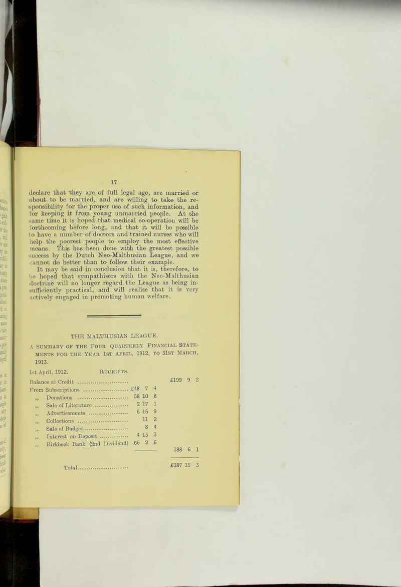 declare tiiat tliey are of full legal age, are married or about, to be married, and are willing to take the re- sponsibility for tibe proper use of suob information, and for keeiping it froiji young unmarried people. At tbe same time it is hoped that medical co-operation will be forthcoming before long, and that it will be possible to have a number of doctors and trained nurses who will help the poorest people to employ the most effective means. This has been done with the greatest possible success by the Dutch Neo-Malthusian League, and we cannot do better than to follow their example. It may be said in conclusion that it is, therefore, to be hoped that sympathisers with the Neo-Malthusian doctrine will no longer regard the League as being in- sufficiently practical, and will realise that it is very actively engaged in promoting human welfare. THE MALTHUSIAN LEACxUE. A SUMMARY OF THE FOUR QUARTERLY FINANCIAL STATE- MENTS FOR THE Year 1st April, 1912, to 31st March, 1913. 1st April, 1912. RECEIPTS. Balance at Credit From Subscriptions ,, Donations ,, Sale of Literature ,, Advertisements ,, Collections ,, Sale of Badges ,, Interest on Deposit ,, Birkbeck Bank (2nd Dividend) £48 7 4 58 10 8 2 17 1 6 15 9 11 2 8 4 4 13 3 66 2 6 £199 9 2 188 6 1 Total £387 15 3
