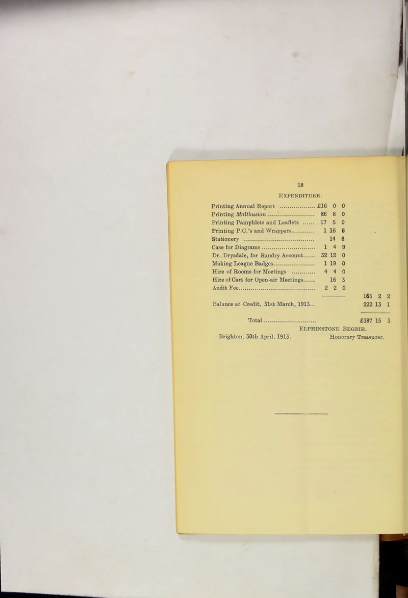 Expenditure. 0 0 0 6 8 9 0 0 0 3 0 165 2 2 Balance at Credit, 31st March, 1913... 222 13 1 Total £387 15 3 Elphinstone Begbie. Honorary Treasurer. Printing Annual Report £16 0 Fnvtmg Malthusian ! 86 8 Printing Pamphlets and Leaflets 17 5 Printing P.C.’s and Wrappers 1 16 Stationery 14 Case for Diagrams 1 4 Dr. Drysdale, for Sundry Account 32 12 Making League Badges 1 19 Hire of Rooms for Meetings 4 4 Hire of Cart for Open-air Meetings 16 Audit Fee 2 2 Brighton, 30th April, 1913.