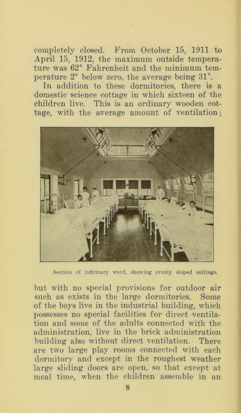completely closed. From October 15, 1911 to April 15, 1912, the maximum outside tempera- ture was 62° Fahrenheit and the minimum tem- perature 2° below zero, the average being 31°. In addition to these dormitories, there is a domestic science cottage in which sixteen of the children live. This is an ordinary wooden cot- tage, with the average amount of ventilation; Section of infirmary ward, showing evenly sloped ceilings. but with no special provisions for outdoor air such as exists in the large dormitories. Some of the boys live in the industrial building, which possesses no special facilities for direct ventila- tion and some of the adults connected with the administration, live in the brick administration building also without direct ventilation. There are two large play rooms connected with each dormitory and except in the roughest weather large sliding doors are open, so that except at meal time, when the children assemble in an