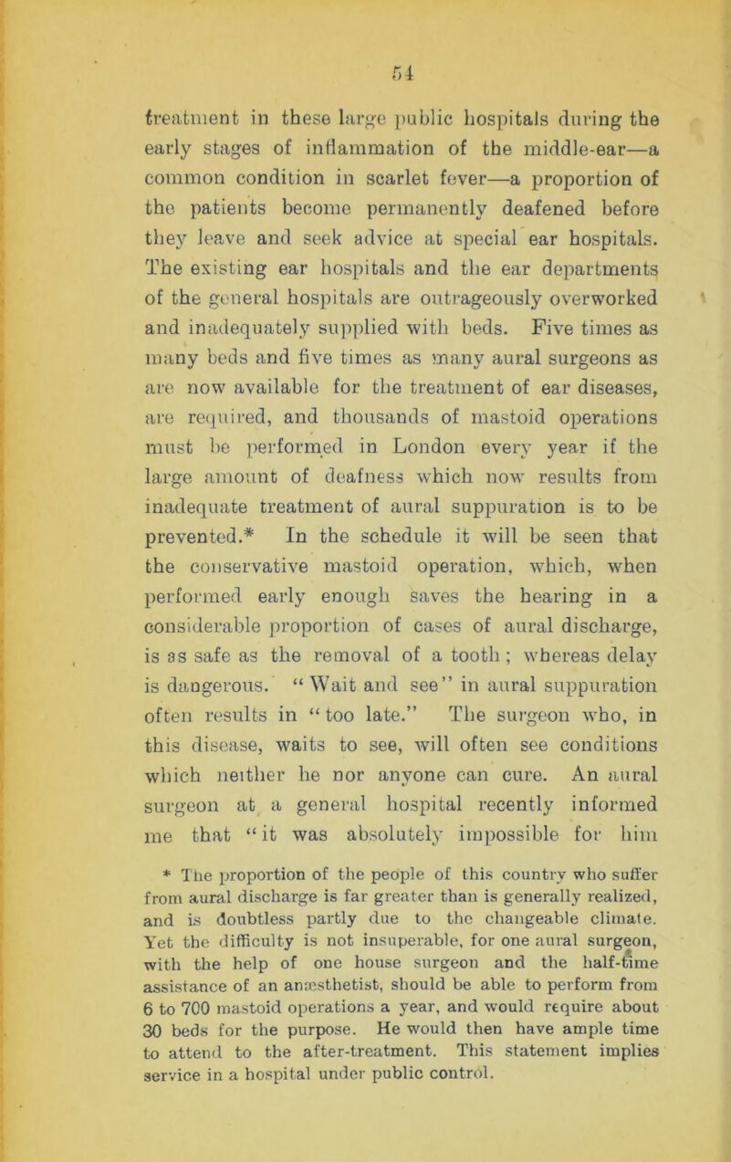 early stages of inflammation of the middle-ear—a common condition in scarlet fever—a proportion of the patients become permanently deafened before they leave and seek advice at special ear hospitals. The existing ear hospitals and the ear departments of the general hospitals are outrageously overworked and inadequately supplied with beds. Five times as many beds and five times as many aural surgeons as are now available for the treatment of ear diseases, are required, and thousands of mastoid operations must be performed in London every year if the large amount of deafness which now results from inadequate treatment of aural suppuration is to be prevented.* In the schedule it will be seen that the conservative mastoid operation, which, when performed early enough saves the hearing in a considerable proportion of cases of aural discharge, is as safe as the removal of a tooth ; whereas delay is dangerous. “Wait and see” in aural suppuration often results in “ too late.” The surgeon who, in this disease, waits to see, will often see conditions which neither he nor anyone can cure. An aural surgeon at a general hospital recently informed me that “ it was absolutely impossible for him * The proportion of the people of this country who suffer from aural discharge is far greater than is generally realized, and is doubtless partly due to the changeable climate. Yet the difficulty is not insuperable, for one aural surgeon, with the help of one house surgeon and the half-time assistance of an anaesthetist, should be able to perform from 6 to 700 mastoid operations a year, and would require about 30 beds for the purpose. He would then have ample time to attend to the after-treatment. This statement implies service in a hospital under public control.