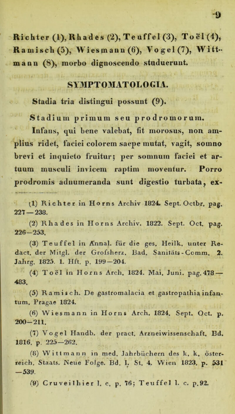 i) Richtcr (l), Rhades (2), Teuffel (3), Toel(4), Ramiscli(5), W i es manu (6), Vogel(7), Witt- mann (8), morbo dignoscendo studuerunt. SYMPTOMATOLOGIA. Stadia tria distingui possunt (9). Stadium primum seu prodromorum. Infans, qui bene valebat, Iit morosus, non am- plius ridet, faciei colorem saepe mutat, vagit, somno brevi et inquieto fruitur; per somnum faciei et ar- tuum musculi invicem raptim moventur. Porro prodromis aduumeranda sunt digestio turbata, ex- ^1) Richter in Horns Archiv 1824. Sept. Octbr, pag. 227 — 238. (2) Rhades in Horns Archiv. 1822. Sept. Oct. pag. 226-253. (3) Teuffel in Annal. fur die ges. Heillc. linter Re- dact. der Mitgl. der Grofsherz. Bad. Sanitals - Comm. 2. Jahrg. 1825. 1. Hft. p. 199—201. (4) ToeI in Horns Arch. 1824. Mai. Juni, pag.478 — 483. (5) Ramisch. De gastromalacia et gastropathia infan- tum. Pragae 1824. (6) Wiesmann in Horns Arch. 1824. Sept. Oct. p. 200-211. (7) Vogel Handh. der pract. Arzneiwissenschaft. Bd. 1816. p. 225—262. (8) Witimann in med. Jahrbiichern des k. k. oster- reich. Slaats. Neue Folge. Bd. 1. St. 4. Wien 1823, p. 531 —539.