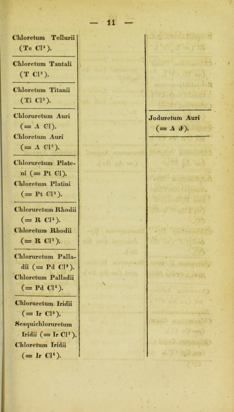 Chloretum Tellurii (Te CP). Chloretum Tantali (T CP). Chloretum Titanii (Ti CP). Chloruretum Auri (= A Cl). Chloretum Auri (= A Cl3). Chloruretum Piate- ni (== Pt Cl). Chloretum Platini (= Pt CP). Chloruretum Rhodii (= R CP). Chloretum Rhodii (= R CP). Chloruretum Palla- dii (= Pd CP). Chloretum Palladii ( = Pd Cl1). Chloruretum Iridii (= Ir CP) Sesquichlorurelum Iridii (= Ir CP ). Chlorehun Iridii ( = Ir CP). I > Joduretum Auri (= A *).