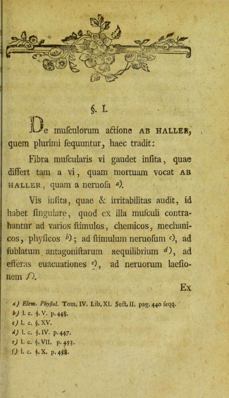 •t §. I n Ji^e mufculorum aftione ab haller* quem plurimi fequuntur, haec tradit: Fibra mufcularis vi gaudet infita, quae differt tam a vi, quam mortuam vocat ab haller, quam a neruofa aX Vis inlita, quae & irritabilitas audit, id habet lingulare, quod ex illa muiculi contra- hantur ad varios ftimulos, chemicos, mechani- cos , phyficos h); ad hirnulam neruofum 0, ad fublatum antagoniftarum aequilibrium d\ ad efferas euacuationes 0, ad neruorum laefio- nem /). ) Ex a) Elem. Phyfiol. Tom, IV. Lib.XI. Seft. II. pag. 440 feqq. b) 1. c. $. V. p.448. cjl c. $.XV. d) 1. C. §. IV. p.447. t) 1. c. §. VII. p. 453.