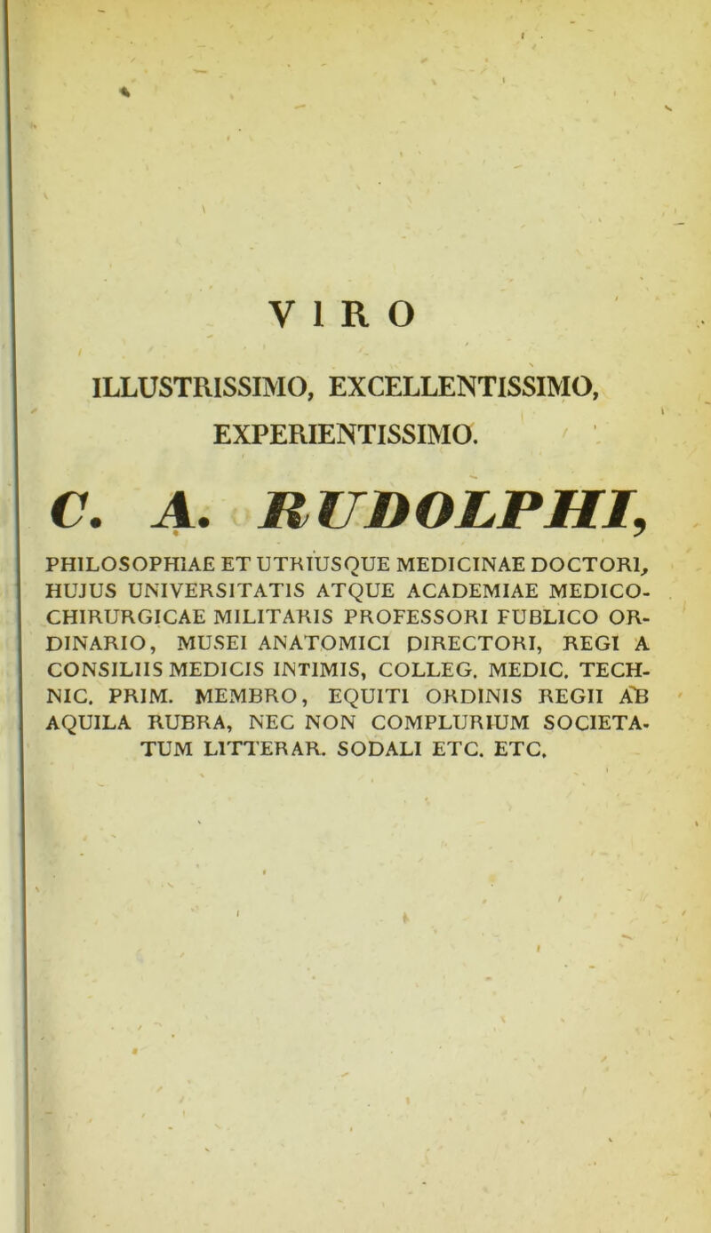 VIRO ILLUSTRISSIMO, EXCELLENTISSIMO, EXPERIENTISSIMO. C. A. RUDOLPHI, PHILOSOPHIAE ET UTRIUSQUE MEDICINAE DOCTOR1, HUJUS UNIVERSITATIS ATQUE ACADEMIAE MEDICO- CHIRURGICAE MILITARIS PROFESSORI FUBLICO OR- DINARIO, MUSEI ANATOMICI DIRECTORI, REGI A CONSILIIS MEDICIS INTIMIS, COLLEG, MEDIC, TECH- NIC. PRIM. MEMBRO, EQUITI ORDINIS REGII AB AQUILA RUBRA, NEC NON COMPLURIUM SOCIETA- TUM L1TTERAR. SODALI ETC. ETC.