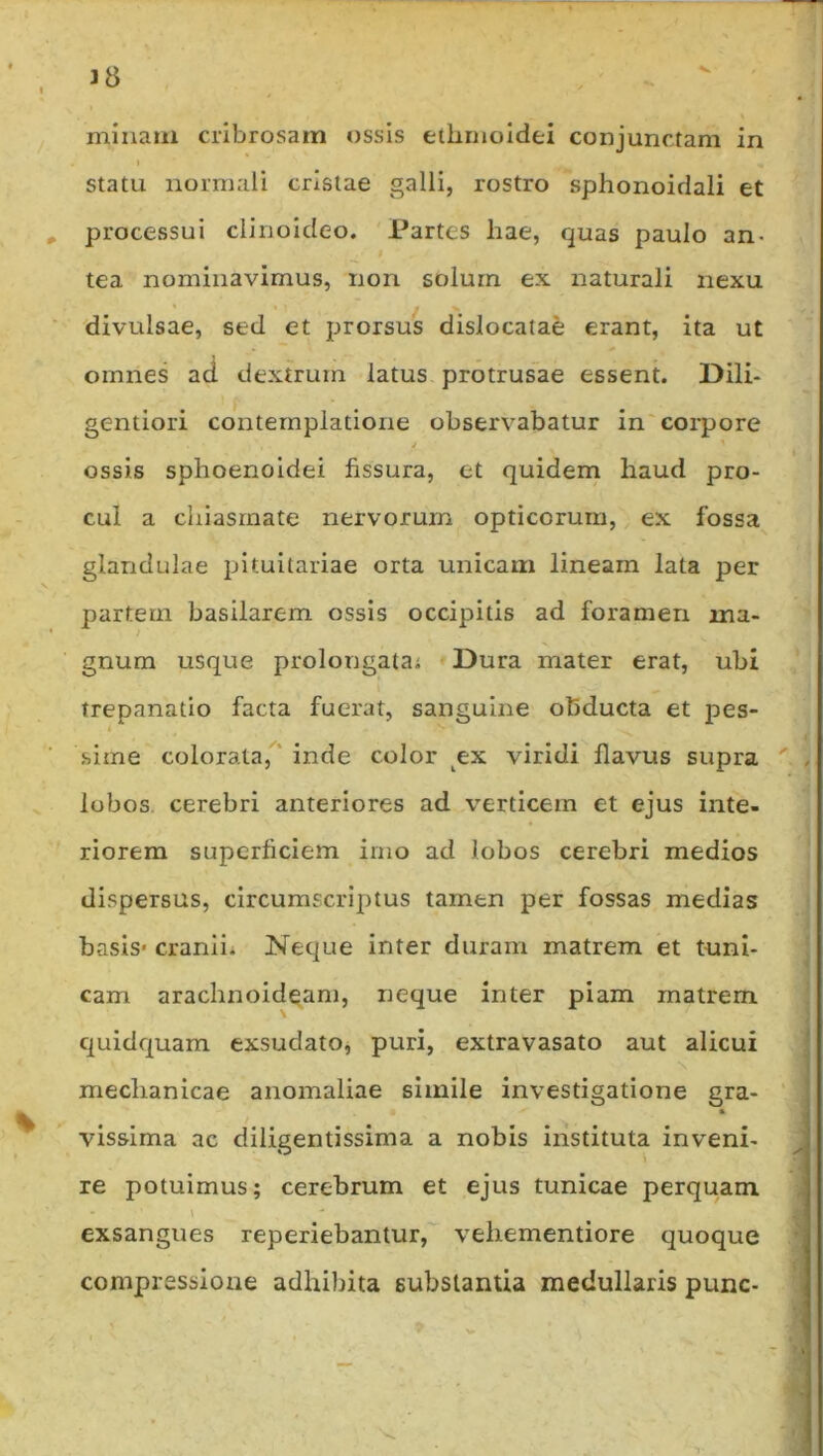 miuaiu cribrosam ossis etlimoidei conjunctam in statu normali cristae galli, rostro sphonoidali et proccvssui clinoideo. Partes hae, quas paulo an- tea nominavimus, non solum ex naturali nexu divulsae, sed et prorsus dislocatae erant, ita ut omnes aci dextrum latus protrusae essent. Dili- gentiori contemplatione observabatur in corpore ossis sphoenoidei fissura, et quidem haud pro- cul a chiasmate nervorum opticorum, ex fossa glandulae pituitariae orta unicam lineam lata per partem basilarem ossis occipitis ad foramen ma- gnum usque prolongatai *Dura mater erat, ubi trepanatio facta fuerat, sanguine obducta et pes- sime colorata,^' inde color ex viridi flavus supra lobos, cerebri anteriores ad verticem et ejus inte- riorem superficiem imo ad lobos cerebri medios dispersus, circumscriptus tamen per fossas medias basis' cranlii Neque inter duram matrem et tuni- cam arachnoideam, neque inter piam matrem C|uidf|uam exsudato^ puri, extravasato aut alicui \ mechanicae anomaliae simile investigatione gra- vissima ac diligentissima a nobis instituta inveni- re potuimus; cerebrum et ejus tunicae perquam exsangues reperiebantur, vehementiore quoque compressione adhibita substantia medullaris punc-