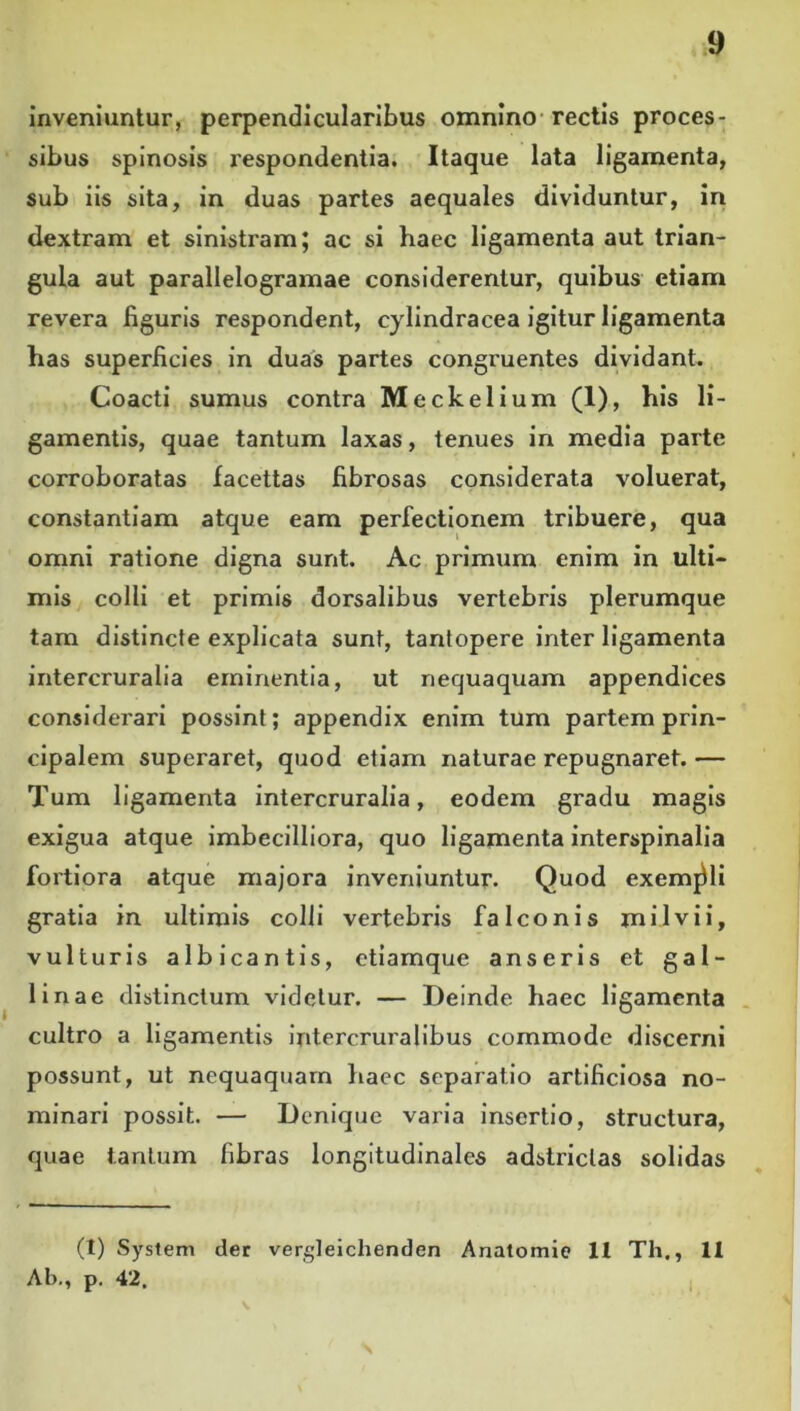 inveniuntur, perpendicularibus omnino-rectis proces- sibus spinosis respondentia. Itaque lata ligamenta, sub iis sita, in duas partes aequales dividuntur, in dextram et sinistram; ac si haec ligamenta aut trian- gula aut parallelogramae considerentur, quibus etiam revera figuris respondent, cylindracea igitur ligamenta has superficies in duas partes congruentes dividant. Coacti sumus contra Meckelium (1), his li- gamentis, quae tantum laxas, tenues in media parte corroboratas facettas fibrosas considerata voluerat, constantiam atque eam perfectionem tribuere, qua omni ratione digna sunt. Ac primum enim in ulti- mis colli et primis dorsalibus vertebris plerumque tam distincte explicata sunt, tantopere inter ligamenta intercruralia eminentia, ut nequaquam appendices considerari possint; appendix enim tum partem prin- cipalem superaret, quod etiam naturae repugnaret. — Tum ligamenta intercruralia, eodem gradu magis exigua atque imbecilliora, quo ligamenta interspinalia fortiora atque majora inveniuntur. Quod exempli gratia in ultimis colli vertebris falconis mi Ivi i, vulturis albicantis, ctlamque anseris et gal- linae distinctum videtur. — Deinde haec ligamenta . cultro a ligamentis intercruralibus commode discerni possunt, ut nequaquam haec separatio artificiosa no- minari possit. — Denique varia insertio, structura, quae tantum fibras longitudinales adstriclas solidas (1) System der vergleichenden Anatomie 11 Th., 11 Ab., p. 42. ,