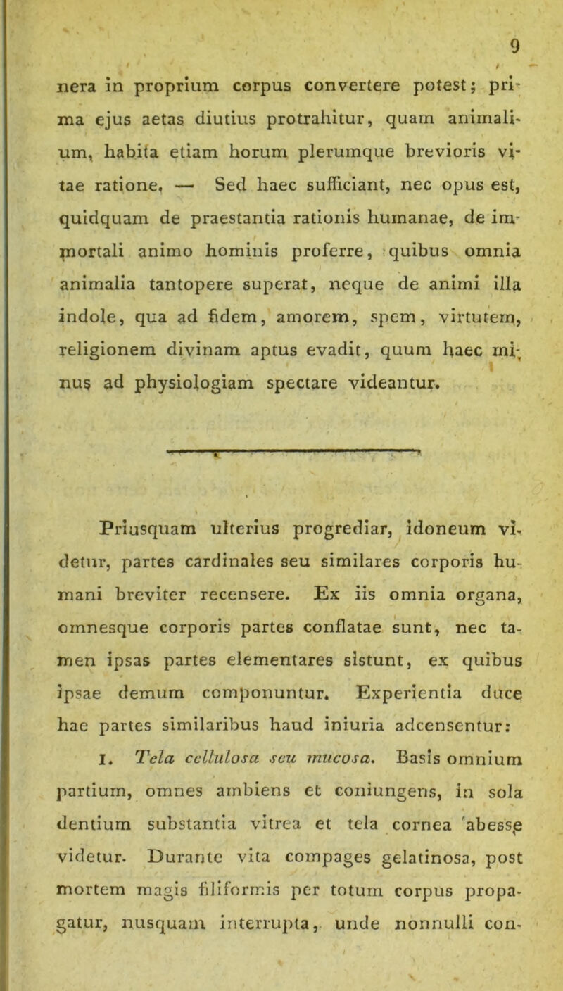 * • r nera in proprium corpus convertere potest; pri- ma ejus aetas diutius protrahitur, quam animali- um, habita etiam horum plerumque brevioris vi- tae ratione, — Sed haec sufficiant, nec opus est, quidquam de praestantia rationis humanae, de im- mortali animo hominis proferre, quibus omnia animalia tantopere superat, neque de animi illa indole, qua ad fidem, amorem, spem, virtutem, religionem divinam aptus evadit, quum haec mj- ' i * nug ad physiologiam spectare videantur. . * Priusquam ulterius progrediar, idoneum vi- detur, partes cardinales seu similares corporis hu- mani breviter recensere. Ex iis omnia organa, oinnesque corporis partes conflatae sunt, nec ta- men ipsas partes elementares sistunt, ex quibus ipsae demum componuntur. Experientia duce hae partes similaribus haud iniuria adcensentur: I. Tela cellulosa seu mucosa. Basis omnium partium, omnes ambiens et coniungeris, in sola dentium substantia vitrea et tela cornea 'abessp videtur. Durante vita compages gelatinosa, post mortem magis filiformis per totum corpus propa- gatur, nusquam interrupta, unde nonnulli con-