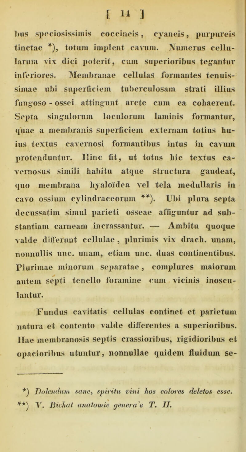 ])iis speciosissimis coccineis, cyaneis, purpureis tinctae totum implent caMim. Xumerus cellu- larum vix (lici poterit, cum superioribus teg^antur inferiores. Mejiibranae cellulas formantes tenuis- simae ubi superficiem tuberculosam strati illius fung^oso - ossei atting^unt arcte cum ea cohaerent. Septa sing:ulorum loculorum laminis formantur, (iuae a membranis superficiem externam totius hu- ius textus cavernosi formantibus intus in cavum protenduntur. Hinc fit, ut totus hic textus ca- vernosus simili haliitu at(iue structura g^audeat, (juo membrana hyaloidea vel tela medullaris in cavo ossium cylindraceorum Lbi plura septa decussatim simul parieti osseae afdg-untur ad sub- stantiam carneam incrassantur. — Ambitu ([uociue valde diUerunt cellulae , plurimis vix drach. unam, nonnullis unc. unam, etiam unc. duas continentibus. Plurimae minorum separatae, complures maiorum autem septi tenello foramine cmii vicinis inoscu- lantur. Fundus cavitatis cellulas continet et parietum natura et contento valde diflerentes a sujieriorilius. Hae membranosis septis crassioribus, rig:idioribus et opacioribus utuntur, nonnullae (iuidem iluidum se- *) Dohmhmt sane, S2)iritu vini hos colores deletos esse. Bichat anaiomu; <jenera'e T. JT,