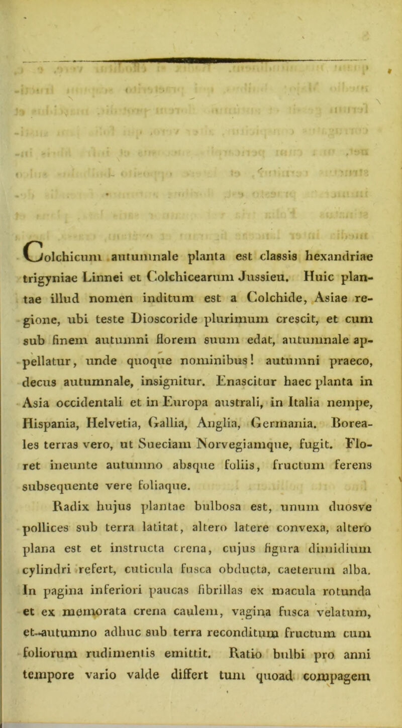 N . * I ;;p ' r . I ' /1  . > I ■ ■ ' ' * ' ' ! ' ' _ji - ■ - • -rr ' ^ f ■ , ^ L • ; I ■ . • . • . ‘ > ' .  : j I.f 1 f . Cjolchicum .antunmale planta est classis hexanciriae trigyniae Linnci et Colchicearum Jussieu. Huic plan- tae illud nomen inditum est a Colchide, Asiae re- gione, ubi teste Dioscoride plurimum crescit, et cum sub finem autumni florem suum edat, autumnale ap- «pellatur, unde quoque nominibus! autumni praeco, decus autumnale, insignitur. Enascitur haec planta in Asia occidentali et in Europa australi, in Italia nempe, Hispania, Helvetia, Gallia, Anglia, Germania. Borea- les terras vero, ut Sueciam Norvegiamque, fugit. Flo- ret ineunte autumno absque foliis, fructum ferens subsequente vere foliaque. , Radix hujus j»lantae bulbosa est, unum duosve pollices sub terra latitat, altero latere convexa, altero plana est et instructa crena, cujus figura dimidium cylindri »refert, cuticula fusca obducta, caeterum alba. In pagina inferiori paucas fibrillas ex macula rotunda -et ex memorata crena caulem, vagina fusca velatum, et-autumno adhuc sub terra reconditum fructum cum -foliorum rudimentis emittit. Ratio bulbi pro anni tempore vario valde differt tum quoad compagem