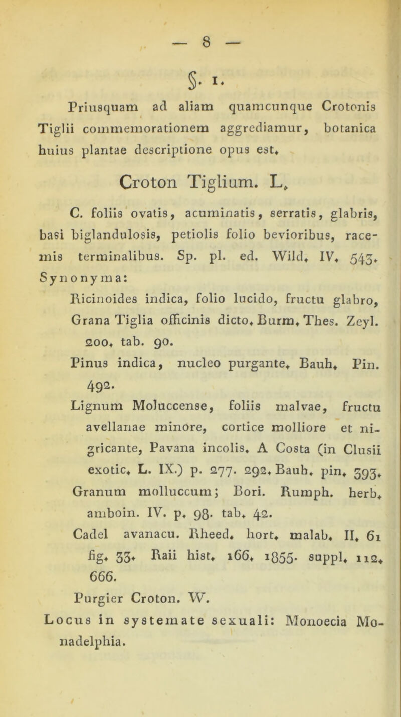 §• I- Priusquam aci aliam quamcunque Crotonis Tiglii commemorationem aggrediamur, botanica huius plantae descriptione opus est* Croton Tiglium. L» C. foliis ovatis, acuminatis, serratis, glabris, basi biglandulosis, petiolis folio bevioribus, race- mis terminalibus. Sp. pl. ed. Wild* IV* 545* Synonyma: Ricinoides indica, folio lucido, fructu glabro. Grana Tiglia officinis dicto* Burrn* Thes. Zeyl. 2oo* tab. go. Pinus indica, nucleo purgante* Bauh* Pin. 492. Lignum Moluccense, foliis malvae, fructu avellanae minore, cortice molliore et ni- gricante, Pavana incolis. A Costa (in Clusii exotic* L. IX.) p. 277. 292* Bauh* pin* 393* Granum molluccum; Bori. Rumph. herb* amboin. IV. p* 98. tab* 42. Cadel avanacu. Rheed* hort* malab* II. 61 hg* 33* Raii hist* 166* 1355. suppi* n2* 666. Purgier Croton. W. Locus in systemate sexuali: Monoecia Mo- nadelphia.