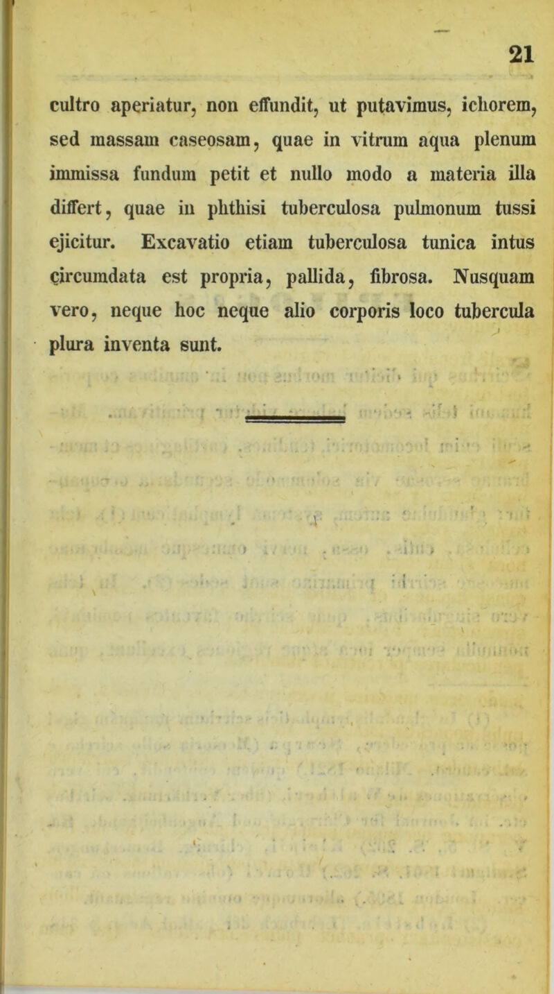 cultro aperiatur, non elfundit, ut putavimus, icliorem, sed massam casepsam, quae in vitrum aqua plenum immissa fundum petit et nullo modo a materia illa differt, quae iii phthisi tuberculosa pulmonum tussi ejicitur. Excavatio etiam tuberculosa tunica intus circumdata est propria, pallida, fibrosa. Nusquam vero, neque hoc neque alio corporis loco tubercula plura inventa sunt.