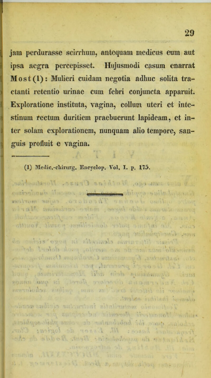 jam perdurasse scirrhum, antequam medicus eum aut ipsa aegra percepisset. Hujusmodi casum enarrat Most(l): Mulieri cuidam negotia adhuc solita tra- ctanti retentio* m*inae cum febri conjuncta apparuit. Exploratione instituta, vagina, collum uteri et inte- stinum rectum duritiem praebuerunt lapideam, et in- ter solam explorationem, nunquam alio tempore, san- guis profluit e vagina. (1) Medic.-cliirurg. Encyclop. Vol, I. p. 175, . t' ' . ■ / . V- ; i I . > ■ » ^ . » »