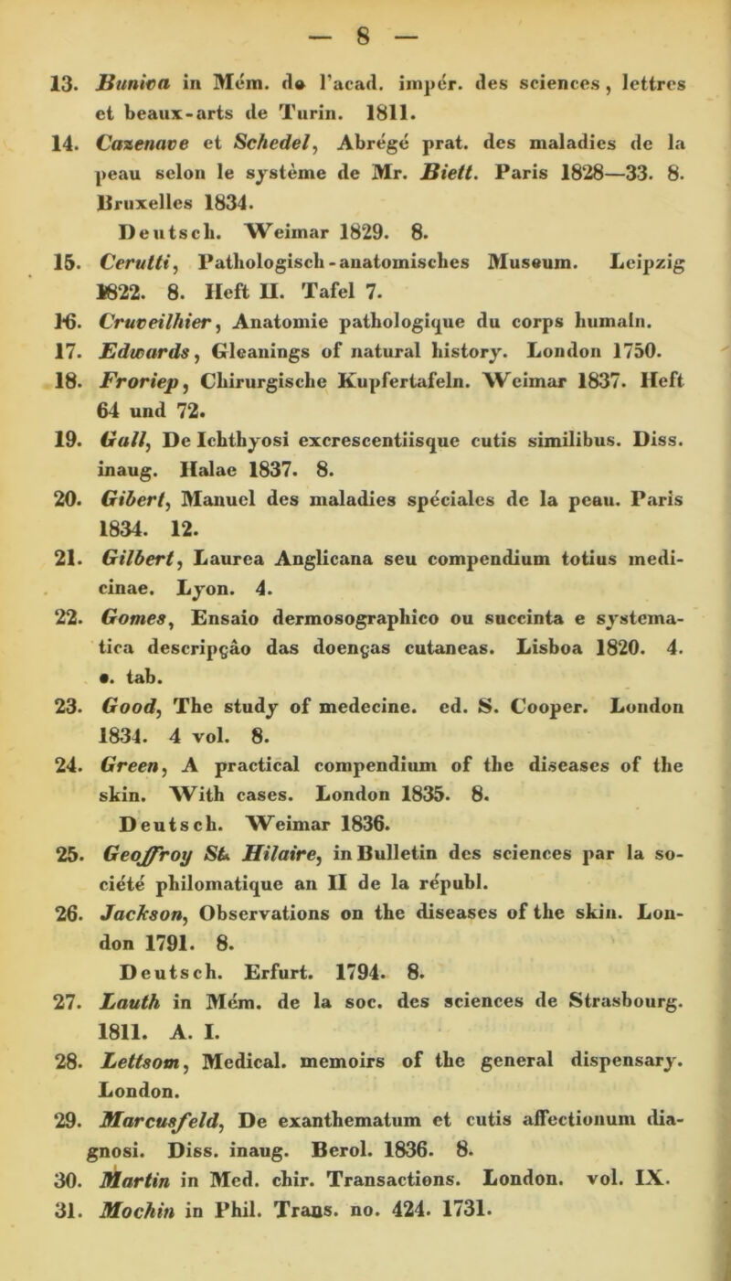 13- Bunie a in Mem. d® 1’acad. imper. des Sciences, lettres et beaux-arts de Turin. 1811. 14. Cazenave et Schedel, Abrege prat. des maladies de la peau selon le sys terne de Mr. Biett. Paris 1828—33. 8. llruxelles 1834. Deutscli. Weimar 1829. 8. 15. Cerutti, Pathologiscli - anatomisches Museum. Leipzig 1822. 8. Ileft H. Tafel 7. 16. Cruveilhier, Anatomie pathologique du corps bumain. 17. Edwards, Gleanings of natural liistory. London 1750. 18. Froriep, Cbirurgisclie Kupfertafeln. Weimar 1837. Heft 64 und 72. 19. Ga/l, De Ichthyosi excrescentiisque cutis similibus. Diss. inaug. Ilalae 1837. 8. 20. Gibert, Manuel des maladies speciales de la peau. Paris 1834. 12. 21. Gilbert, Laurea Anglicana seu compendium totius medi- cinae. Lyon. 4. 22. Gomes, Ensaio dermosographico ou succinta e systema- tica descripgao das doengas cutaneas. Lisboa 1820. 4. •. tab. 23. Good, The study of medecine. ed. S. Cooper. London 1834. 4 vol. 8. 24. Green. A practical compendium of tlie diseases of the skin. With cases. London 1835. 8. Deutsch. Weimar 1836. 25. Geoffroy St* Hilaire, in Bulletin des Sciences par la so- ciete philomatique an II de la republ. 26. Jacfcson, Observations on the diseases of the skin. Lon- don 1791. 8. Deutsch. Erfurt. 1794. 8. 27. Lauth in Mem. de la soc. des Sciences de Strasbourg. 1811. A. I. 28. Lettsom, Medical. memoirs of the general dispensary. London. 29. Marcusfeld, De exanthematum et cutis affectionum dia- gnosi. Diss. inaug. Berol. 1836. 8. 30. Martin in Med. chir. Transactions. London. vol. IX. 31. Mochin in Phil. Trans, no. 424. 1731.