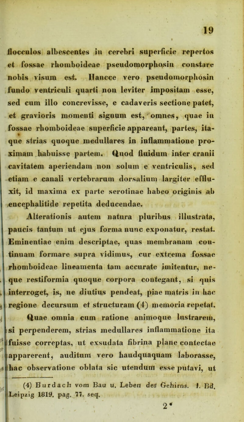 flocculos albescentes in cerebri superflcie repertos et fossae rhomboideae pseudomorphosiii constare nobis visum est. llancce vero pseudomorphosin .fundo ventriculi quarti non leviter impositam esse, sed cum illo concrevisse, e cadaveris sectione patet, et gravioris momenti signum est, omnes, quae iii fossae rhomboideae superficie appareant, partes, ita- que strias quoque medullares in inflammatione pro- ximam .habuisse partem. Q.iiod fluidum inter cranii cavitatem aperiendam non solum e ventriculis, sed -etiam e canali vertebrarum dorsalium largiter efflu- xit, id maxima ex parte serotinae habeo originis ab encephalitide repetita deducendae. Alterationis autem natura pluribus illustrata, paucis tantum ut ejus forma nunc exponatur, restat. Eminentiae enim descriptae, quas membranam con- tinuam formare supra vidimus, cur exti;ema fossae rhomboideae lineamenta tam accurate imitentur, ne- que restiformia quoque corpora contegant, si quis interroget, is, ne diutius pendeat, piae matris in hac regione decursum et structuram (4) memoria repetat. Q^uae omnia cum ratione animoque lustrarem, si perpenderem, strias medullares inflammatione ita fuisse correptas, ut exsudata fibrina plane contectae apparerent, auditum vero haudquaqUam laborasse, alhac observatione oblata sic utendum esse putavi, ut (4) Biirdach vom Bau u. Leben deS' Oehirns. ^eipzig 1819. pag. 77. seq. 2 * I. Bd. « s.