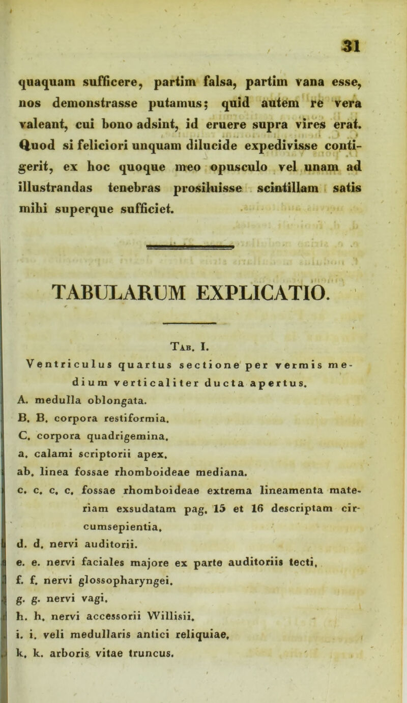 « quaquam sufficere, pariim falsa, partim vana esse, nos demonstrasse putamus; quid autem re vera valeant, cui bono adsint, id eruere supra vir^ erat, ^uod si feliciori unquam dilucide expedivisse conti- gerit, ex hoc quoque meo opusculo vel.unam ad illustrandas tenebras prosiluisse . scintillam i satis mihi superque sufficiet. TABULARUM EXPLICATIO. < Tab. 1. Ventriculus quartus sectione'per vermis me- dium verticaliter ducta apertus. A. medulla oblongata. B. B. corpora restiformia. C. corpora quadrigemina, a. calami scriptorii apex. ab. linea fossae rhomboideae mediana. c. c. c, c. fossae rhomboideae extrema lineamenta mate- riam exsudatam pag. 15 et 16 descriptam cir- cumsepientia, d. d. nervi auditorii. e. e. nervi faciales majore ex parte auditoriis tecti, f. f. nervi glossopharyngei. g. g. nervi vagi. h. h. nervi accessorii Willisii, i. i. veli medullaris antici reliquiae. , k. k. arbori^ vitae truncus. ' ,