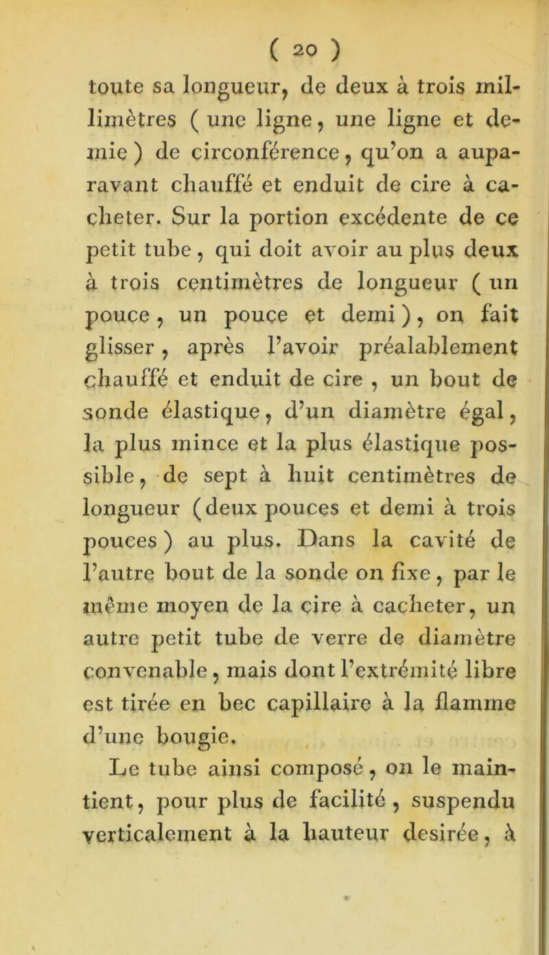 ( 2° ) toute sa longueur, de deux à trois mil- limètres ( une ligne, une ligne et de- mie ) de circonférence, qu’on a aupa- ravant chauffé et enduit de cire à ca- cheter. Sur la portion excédente de ce petit tube , qui doit avoir au plus deux à trois centimètres de longueur ( un pouce , un pouce et demi ), on fait glisser, après l’avoir préalablement chauffé et enduit de cire , un bout de sonde élastique, d’un diamètre égal, 3a plus mince et la plus élastique pos- sible , de sept à huit centimètres de longueur (deux pouces et demi à trois pouces ) au plus. Dans la cavité de l’autre bout de la sonde on fixe, par le même moyen de la cire à cacheter, un autre petit tube de verre de diamètre convenable, mais dont l’extrémité libre est tirée en bec capillaire à la flamme d’une bougie. Le tube ainsi composé, on le main- tient , pour plus de facilité , suspendu verticalement à la hauteur desirée, à