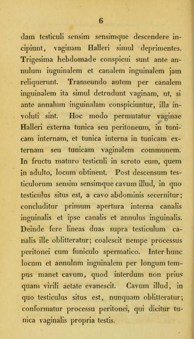 dam testiculi sensim sensimque descendere in- cipiunt, vaginam Halleri simul deprimentes. Trigesima hebdomade conspicui sunt ante an- nulum iuguinalem et canalem inguinalem jam reliquerunt. Transeundo autem per canalem inguinalem ita simul detrudunt vaginam, ut, si ante annalum inguinalam conspiciuntur, illa in- voluti sint. IIoc modo permutatur vaginae Halleri externa tunica seu peritoneum, in tuni- cam internam, et tunica interna in tunicam ex- ternam seu tunicam vaginalem communem. In fructu maturo testiculi in scroto cum, quem in adulto, locum obtinent. Post descensum tes- ticulorum sensim sensimque cavum illud, in quo testiculus situs est, a cavo abdominis secernitur; concluditur primum apertura interna canalis inguinalis et ipse canalis et annulus inguinalis. Deinde fere lineas duas supra testiculum ca- nalis ille oblitteratur; coalescit nempe processus peritonei cum funiculo spermatico. Inter hunc locum et annulnm inguinalem per longum tem- pus manet cavum, quod interdum non prius quam virili aetate evanescit. Cavum illud, in i quo testiculus situs est, nunquam oblitteratur; conformatur processu peritonei, qui dicitur tu- nica vaginalis propria testis.