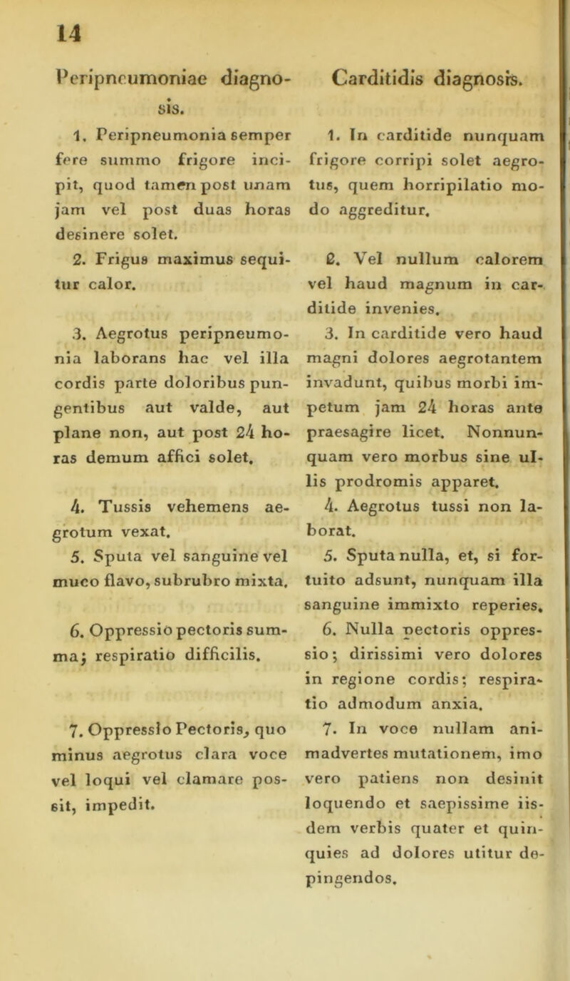 Carditidis diagnosis. Peripncumoniae diagno- sis. 1. Peripneumonia semper fere summo frigore inci- pit, quod tamen post unam jam vel post duas horas desinere solet. 2. Frigus maximus sequi- tur calor. 3. Aegrotus peripneumo- nia laborans hac vel illa cordis parte doloribus pun- gentibus aut valde, aut plane non, aut post 24 ho- ras demum affici solet, 4. Tussis vehemens ae- grotum vexat. 5. Sputa vel sanguine vel muco flavo, subrubro mixta, 6. Oppressio pectoris sum- ma; respiratio difficilis. 7. Oppressio Pectoris^ quo minus aegrotus clara voce vel loqui vel clamare pos- sit, impedit. 1. In carditide nunquam frigore corripi solet aegro- tus, quem horripilatio mo- do aggreditur, 2. Vel nullum calorem vel haud magnum in car- ditide invenies, 3. In carditide vero haud magni dolores aegrotantem invadunt, quibus morbi im- petum jam 24 horas ante praesagire licet. Nonnun- quam vero morbus sine ul- lis prodromis apparet. 4. Aegrotus tussi non la- borat. 5. Sputa nulla, et, si for- tuito adsunt, nunquam illa sanguine immixto reperies, 6. Nulla pectoris oppres- sio; dirissimi vero dolores in regione cordis; respira- tio admodum anxia. 7. In voce nullam ani- madvertes mutationem, imo vero patiens non desinit loquendo et saepissime iis- dem verbis quater et quin- quies ad dolores utitur de- pingendos.