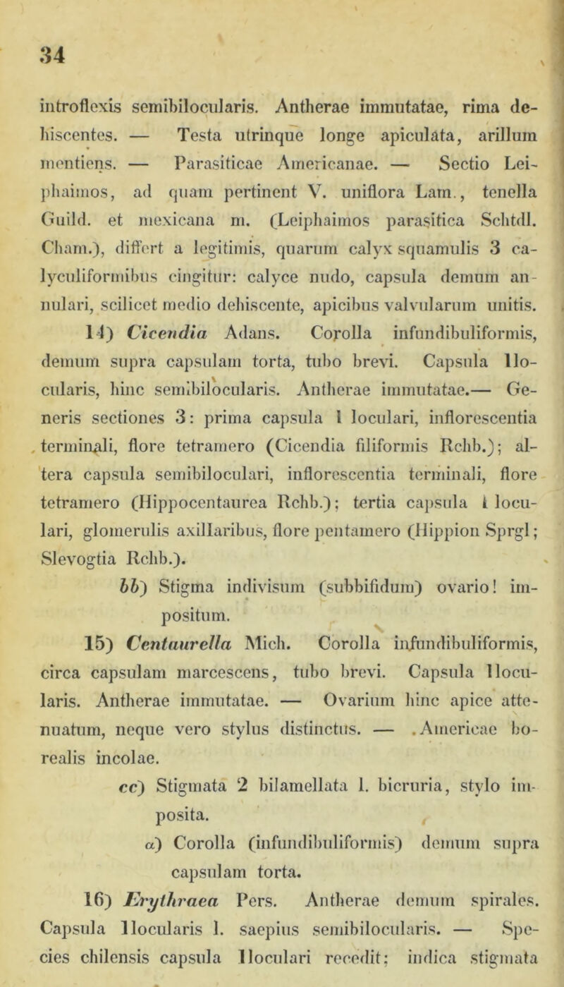 \ introflexis semibilociilaris. Antherae immutatae, rima de- hiscentes. — Testa utrinque longe apiculata, arillum mentiens. — Parasiticae Americanae. — Sectio Lei- phaimos, ad quam pertinent V. uniflora Lam., tenella Guild. et mexicana m. (Leiphaimos parasitica Schtdl. Cham.), differt a legitimis, quarum calyx squamulis 3 ca- lyculiformihus cingitur: calyce nudo, capsula demum an- nulari, scilicet medio deluscente, apicibus valvularum unitis. 1-1) Cicendia Adans. Corolla infundibuliformis, demum supra capsulam torta, tubo brevi. Capsula llo- cularis, hinc semibilocularis. Antherae immutatae.— Ge- neris sectiones 3: prima capsula l loculari, inflorescentia .terminali, flore tetramero (Cicendia filiformis Rchb.); al- 'tera capsula semibiloculari, inflorescentia terminali, flore tetramero (Hippocentaurea Rchb.); tertia capsula t locu- lari, glomerulis axillaribus, flore pentamero (llippion Sprgl; Slevogtia Rchb.). J6) Stigma indivisum (subbifidiim) ovario! im- positum. ^ 15) Centaurella Midi. Corolla infundibuliformis, circa capsulam marcescens, tubo brevi. Capsula llocu- laris. Antherae immutatae. — Ovarium hinc apice atte- nuatum, neque vero stylus distinctus. — .Americac bo- realis incolae. cc) Stigmata 2 bilamellata 1. bicruria, stylo im- posita. a) Corolla (infundibuliformis) demum supra capsulam torta. 16) Erythraea Pers. Antherae demum spirales. Capsula llocularis 1. saepius semibilocularis. — Spe- cies chilensis capsula 1 loculari recedit; indica stigmata