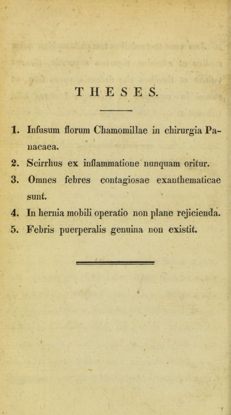 THESES. I 1. Infusum florum Chamomillae in chirurgia Pa- t • 1 nacaea. 2. Scirrhus ex inflammatione nunquam oritur. 3. Omnes febres contagiosae exanthematicae \. sunt. 4. In hernia mobili operatio non plane rejicienda. 5. Febris puerperalis genuina non existit. r