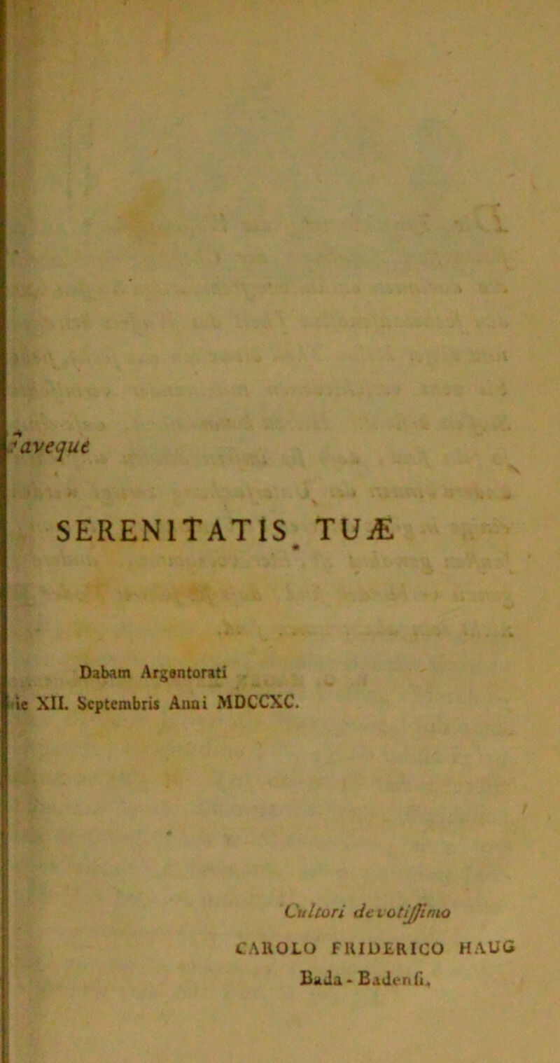 'aveyut SERENITATIS TUiE Dabam Argentorati ie XII. Septembris Anni MDCCXC. Cultori dcvotijjimo CAHOLO FHIDLRICO HAUC BaJa - Badertfi.