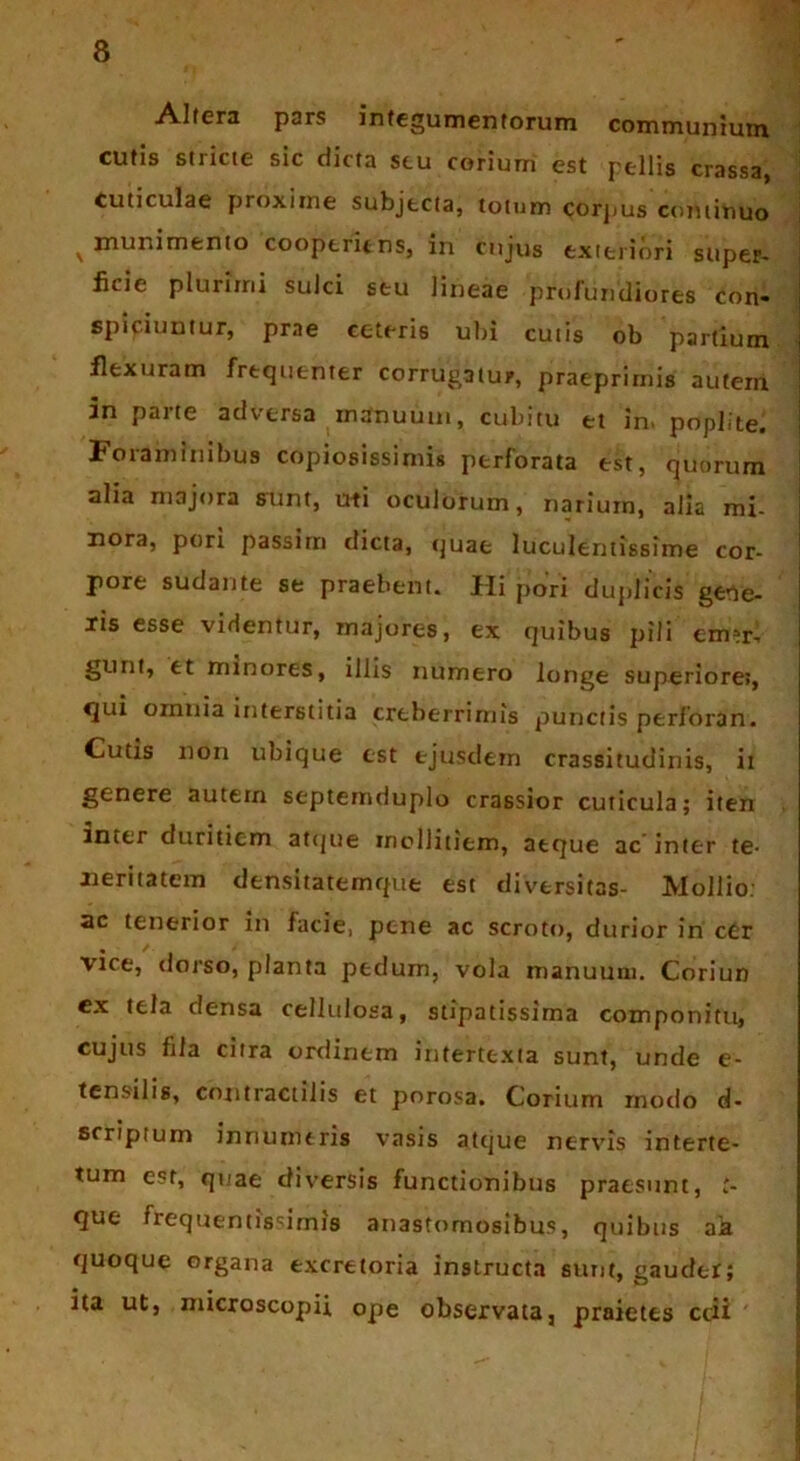 Altera pars integumentorum communium cutis stricte sic dicta stu corium est pellis crassa, Cuticulae proxime subjecta, totum corpus continuo N munimento cooperiens, in cujus exteriori super- ficie plurimi sulci seu lineae profundiores con« spiciuntur, prae ceteris ubi cutis ob partium flexuram frequenter corrugatur, praeprimis autem 5n parte adversa manuum, cubitu et in. poplite. Foraminibus copiosissimis perforata est, quorum alia majora sunt, uti oculorum, narium, alia mi- nora, pori passim dicta, quae luculentissime cor- pore sudante se praebent. Hi pori duplicis gene- lis esse videntur, majores, ex quibus pili ermr-. gunt, et minores, illis numero longe superiore», <jui omnia interstitia creberrimis punctis perforan. Cutis non ubique est ejusdem crassitudinis, ii genere autem septemduplo crassior cuticula; iten inter duritiem atque mollitiem, atque ac inter te- neritatem densitatemque est diversitas- Mollio: ac tenerior in facie, pene ac scroto, durior in c£r vice, dorso, planta pedum, vola manuum. Coriun ex tela densa cellulosa, stipatissima componitu, cujus fila citra ordinem intertexta sunt, unde e- tensilis, cotitractilis et porosa. Corium modo d- scriptum innumeris vasis atque nervis interte- tum est, quae diversis functionibus praesunt, i- que frequentissirnis anastomosibus, quibus aa quoque organa excretoria instructa sunt, gaudet; ita ut, microscopii ope observata, praietts ccii