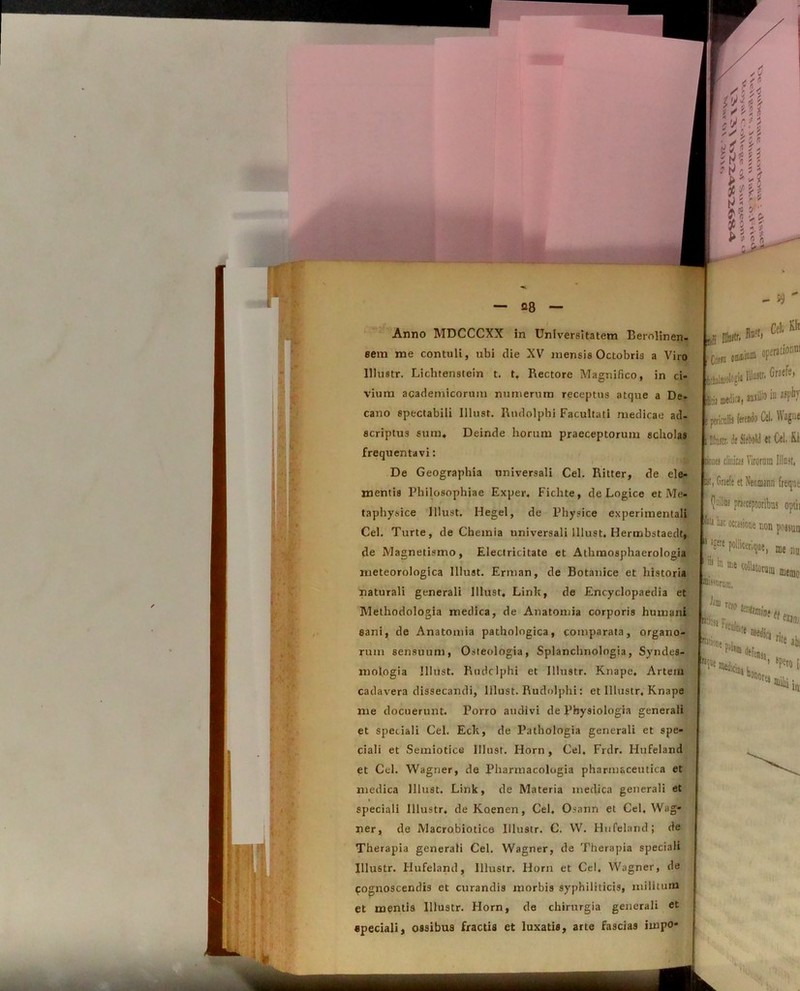 Anno MDCCCXX in Universitatem Berolinen- sem me contuli, ubi die XV mensis Octobris a Viro lllustr. Lichtenstein t. t, Rectore Magnifico, in ci- vium academicorum numerum receptus atque a De- cano spectabili Illust. Rudolphi Facultati medicae ad- scriptus sum* Deinde horum praeceptorum scholas frequentavi: De Geographia universali Cei. Ritter, de ele- mentis Philosophiae Exper, Fichte, de Logice et Me- taphysice Illust. Hegel, de Physice experimentali Cei. Turte, de Chemia universali Illust. Hermbstaedt, de Magnetismo, Electricitate et Athmosphaerologia meteorologica Illust. Erman, de Botanice et historia naturali generali Illust. Link, de Encyclopaedia et IVlethodologia medica, de Anatoniia corporis humani sani, de Anatomia pathologica, comparata, organo- rum sensuum, Osteologia, Splanchnologia, Syndes- mologia Illust. Rude Iphi et lllustr. Knape, Artem cadavera dissecandi, Illust. Rudolphi: et lllustr, Knape me docuerunt. Porro audivi de Physiologia generali et speciali Cei. Eck, de Pathologia generali et spe- ciali et Semiotice Illust. Horn , Cei, Frdr. Hufeland et Cei. Wagner, de Pharmacologia pharmaceutica et medica Illust. Link, de Materia medica generali et speciali lllustr, de Koenen, Cei, Osann et Cei. Wag- ner, de Macrobiotice lllustr. C. VV. Hufeland; de Therapia generali Cei. Wagner, de Therapia speciali lllustr. Flufeland, lllustr. Horn et Cei. Wagner, de Cognoscendis et curandis morbis syphiliticis, militum et mentis lllustr. Horn, de chirurgia generali et «peciali, ossibus fractis et luxatis, arte fascias impo-
