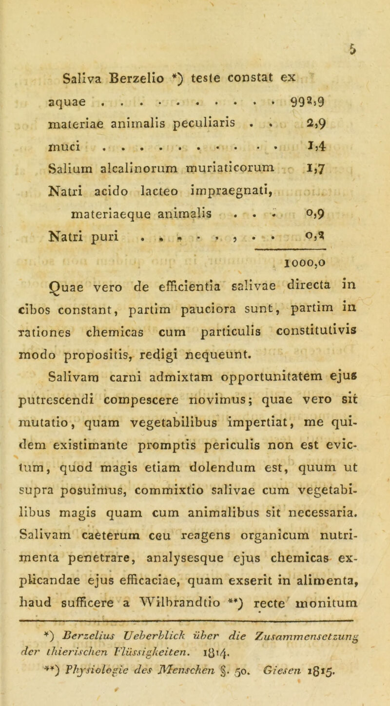 Saliva Berzelio *') teste constat ex aquae materiae animalis peculiaris . . 2,9 muci Ij4 Salium alcalinorum muriaticorum 1,7 Natri acido lacteo impraegnati, materiaeque animalis . . ^ . Oj9 Natri puri • o,? 1000,0 Quae vero de efRcientia salivae directa in cibos constant, partim pauciora sunt, partim in xationes chemicas cum particulis constitutivis modo propositis, redigi nequeunt. Salivam carni admixtam opportunitatem ejus putrescendi compescere novimus; quae vero sit mutatio, quam vegetabilibus impertiat, me qui- dem existimante promptis periculis non est evic- tum, quod magis etiam dolendum est, quum ut # • supra posuimus, commixtio salivae cum vegetabi- libus magis quam cum animalibus sit necessaria. f . Salivam caeterum ceu reagens organicum nutri- menta penetrare, analysesque ejus chemicas ex- plicandae ejus efficaciae, quam exserit in alimenta, haud sufficere a Wilbrandtio **) recte monitum Berzelius Ueherhlich ilher die Zusammensctzun^ der ihierischen FliissigJieiten. l{3»4- Phjsiolegie des IVIenschen §. ,50. Giesen i8i5-