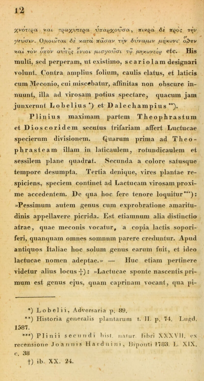 %voifqa *.ou Tqaftx.mqa. DxaqxoTjcrcu,, *t^a 6e rip/ • • ; p, ^evcriv. 0,uotwrat <$t' «ara jfacrav vr]v Sdvu/juv jU/jjxwrt/ o$-cv xai rov oxov aiJTiji; a^acu ^tcryo-ucri tJ /w;kw5/£iu etc. His multi, seil perperam, ut existimo, scari olam designari volunt. Contra amplius folium, caulis elatus, et laticis cum Meconio, cui miscebatur, affinitas non obscure in- nuunt, illa ad virosam potius spectare, quacum jam junxerunt Lobelius*) et D alechampius ** ***)). Plinius maximam partem Theophrastum et Dioscoridem secutus trifariam affert Luctucae specierum divisionem. Quarum prima ad Tlieo- phrasteam illam in laticaulem, rotundicaulem et sessilem plane quadrat. Secunda a colore salusque tempore desumpta. Tertia denique, vires plantae re- spiciens, speciem continet ad Lactucam virosam proxi- me accedentem. De qua hoc fere tenore loquitur**’): »Pessimum autem genus cum exprobratione amaritu- dinis appellavere picrida. Est etiamnum alia distinctio atrae, quae meconis vocatur, a copia lactis soj>ori- feri, quanquam omnes somnum parere creduntur. Apud antiquos Italiae hoc solum genus earum fuit, et ideo lactucae nomen adeptae.» — Huc etiam pertinere videtur alius locus -{*) : «Lactucae sponte nascentis pri- mum est genus ejus, quam caprinam vocant, qua pi- *) Lobe! ii, Adversaria p. 89. **) Historia generalis plantarum t. II. p. 74. Lugd. 1587. ***) Plinii secundi hisl. natur. libri XXXYll. ex recensione Jo annis Harduini, Biponti 1788. L XIX. c. 38 f) ib. XX. 24.