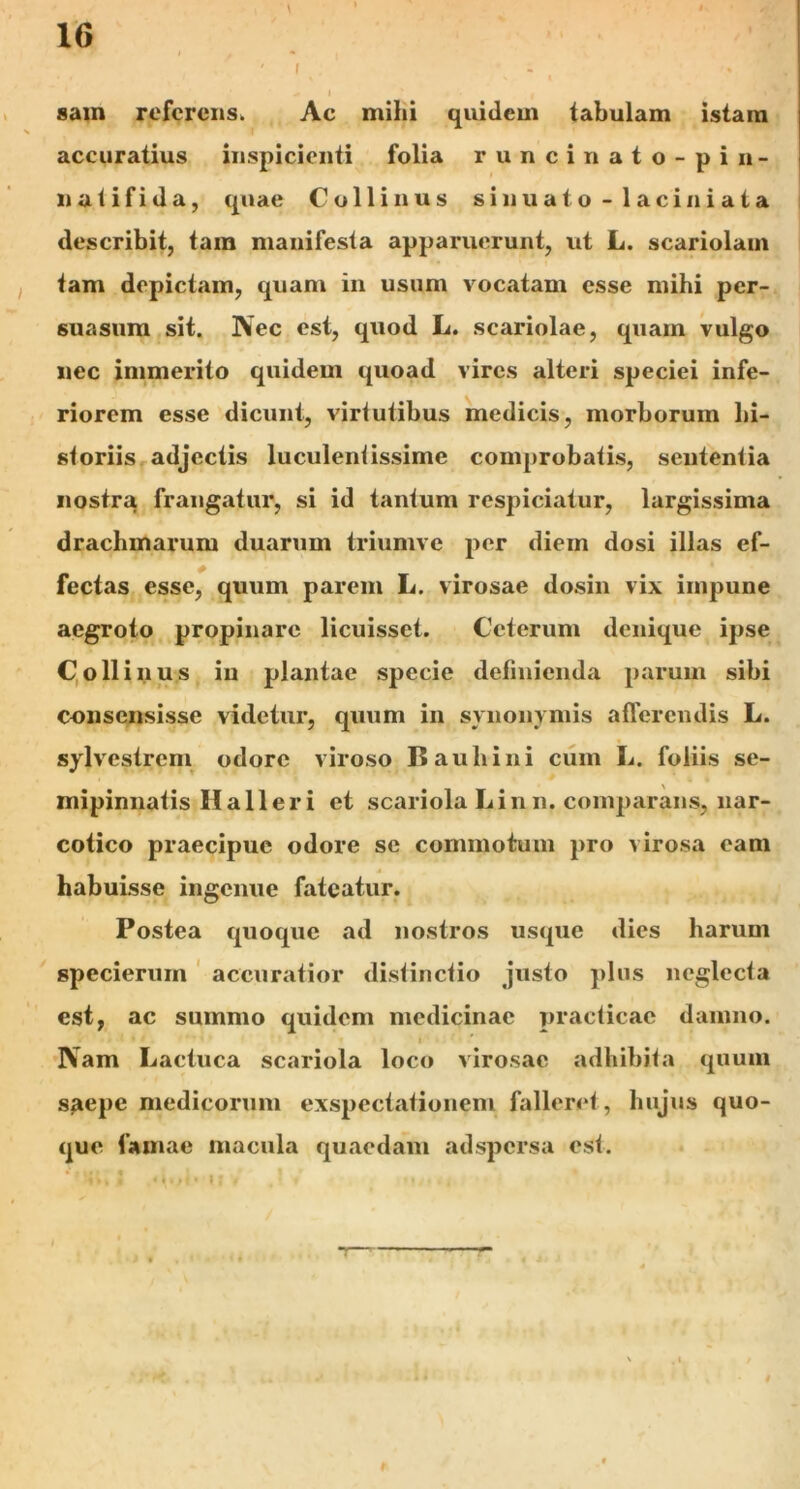 i sam referens» Ac mihi quidem tabulam istam accuratius inspicienti folia r u n ci n a t o - p i n- n a 1 i f i d a, quae Collinus sinuato - laciniata describit, tam manifesta apparuerunt, ut L. scariolam tam depictam, quam in usum vocatam esse mihi per- suasum sit. Nec est, quod L. scariolae, quam vulgo nec immerito quidem quoad vires alteri speciei infe- riorem esse dicunt, virtutibus medicis, morborum hi- storiis adjectis luculentissime comprobatis, sententia nostra frangatur, si id tantum respiciatur, largissima drachmarum duarum triumve per diem dosi illas ef- fectas esse, quum parem L. virosae dosin vix impune aegroto propinare licuisset. Ceterum denique ipse Collinus in plantae specie definienda parum sibi consensisse videtur, quum in synonymis afferendis L. sylvestrem odore viroso Bauhini cum L. foliis se- mipinnatis Halleri et scariola Lin n. comparans, nar- cotico praecipue odore se commotum pro virosa eam habuisse ingenue fateatur. Postea quoque ad nostros usque dies harum specieruin accuratior distinctio justo plus neglecta est, ac summo quidem medicinae praeticae damno. Nam Lactuca scariola loco virosae adhibita quum s^epe medicorum exspectationem falleret, hujus quo- que famae macula quaedam adspersa est.