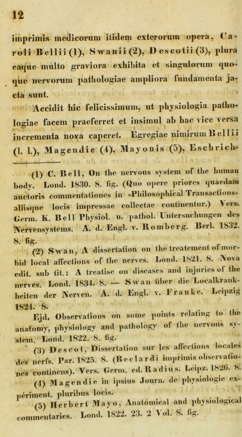 imprimis ineclicorum itidem exterorum opera, C a - rdli Bellii(l), Swaiiii(2), 1) escotii (3), plura cacpie multo graviora exhibita et singulorum quo- que nervorum pathologiae ampliora luiidameiita ja- cta sunt. Accidit hic felicissimum, ut physiologia patho- logiae facem praeferret et insimul ah hac vice versa incrementa nova caperet. Egregiae nimirum B el I i i (1. 1.), 3Iageiidie (4), 3Iayonis (5), Eschrich- (1) C. Bell, Oii the iiervous system of the huiuaii l,ody. Lond. 1830. 8. hg. (Quo opere priores quae.lam auctoris commentationes in «Pliilosophical Transactions« aliisque locis impressae collectae continentur.) A ers. Cierm. K. BclVPhysiol. u. pathol. IJntersuchimgcn des iVervensystems. A. d. Engl. v. Romberg. Bcrl. 1832. 8. lig. (2) Swan, A dissertation oii the treatement of nior- bid local affections of the nerves. Lond. 1^1- edit, sub tit.: A treatisc ou diseases and injuries ot the nerves. Lond. 1834. 8. — Swan iiber die LocalkrauK- heitcii der Nerven. A. d. Engl. v. Eraiike.' Leipzig 8. ....... Ejd, Observatious on some points relatiiig to the aiiatomy, physiology and pathology of the nervous sy- stem. Lond. 1822. 8. hg. (.3) Dcscot, Dissertation sur Ics aflections locales ,les nerfs. Par. 1825. 8. (Redardi imprimis observatio- nes continens). Vers. Lerm. ed. Radius. I.eip/,. 1820. 8. (4) Magendi e in ipsius .lourn. <le pbysiologie ex- lu^rimcnt. pluribus locis. (5) Hcrbert Bayo, Anatomical and ])by.siological commentaries. Lond. 1822. 23. 2 4 ol. 8. tig.