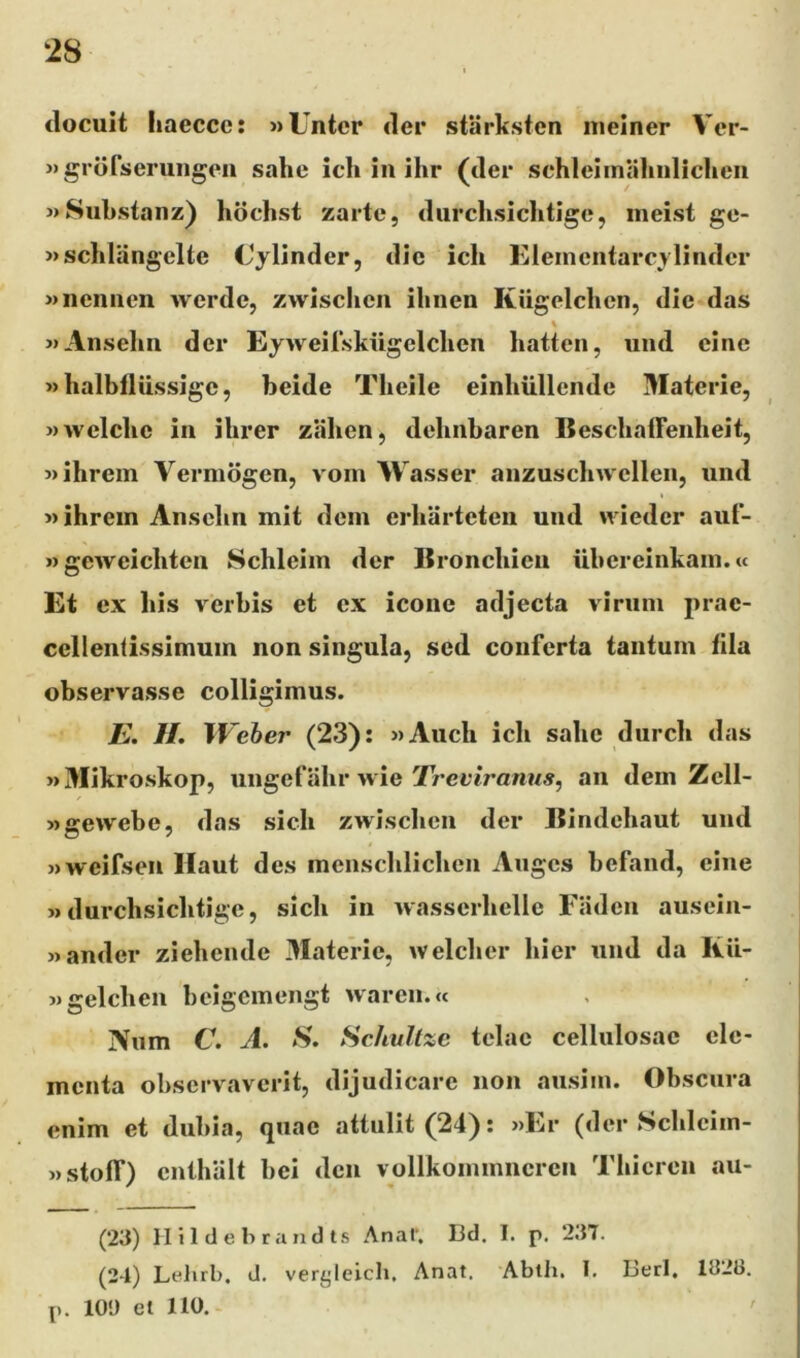 docuit haecce: »Untcr der starksten nieiner Vcr- Mgrdrserungen sahe icli in ihr (der schleiinahnlichcii wSubstanz) hochst zartc, durclisichtige, meist ge- »scldangelte Cylinder, dic icIi Eleinentarcylinder «neniien werde, zvvisclicii iliiien Kiigelchen, die das «Anselm der Byweirskugelclien hatten, uiid cine »halbfliissigc, beide Tbeile einbiillende Materie, wvvclclic in ibrer ziibcn, delnibaren Bescbaffenheit, «ihrem Vermogen, vom Wasser anzusclnvclleii, und »ihrein Ansebn mit dcin erbarteten und wieder aut- Mgeweicbten Schleiin der Broncliien iibereinkain. w Et ex bis verbis et ex icone adjecta virum prae- ccllentissimum non singula, sed conferta tantum tila observasse colligimus. E. //. Weber (23): »Aucb icb sabc durcli das wMikroskop, ungefahr wie an dem Zell- wgewebe, das sich zwiscbcn der Bindebaut und Mweifsen Haut des menscbliclien Auges befand, eine »durchsicbtigc, sicli in wasserbelle Fadcn ausein- «ander ziehcnde Materie, ivelclier hier und da liii- Mgelcben bcigcmengt ivaren.» Num C. A. S. Schultze telae cellulosae ele- menta observaverit, dijudicare non ausim. Obscura enim et dubia, quae attulit(24): »Er (der Scldcim- »stofT) cnthalt bei den vollkommncrcn Tbicren au- (23) II i 1 d e b r a n d Is Anal’. Bd. I. p. 237. (24) Lelirb. d. vergleicli. Anat. Abth. I. Berl. 1328. p. 101) el 110. '