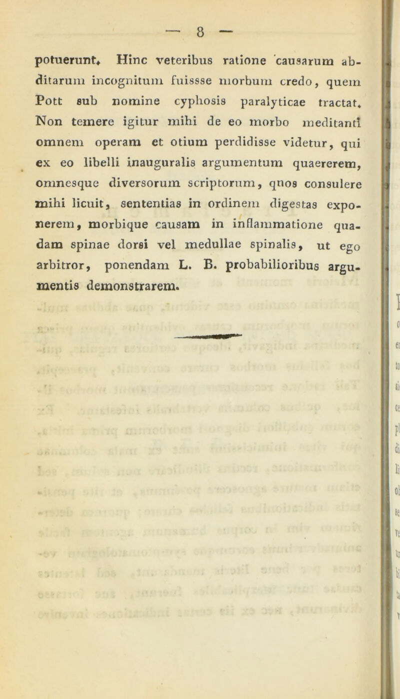 potuerunt* Hinc veteribus ratione causarum ab- ditarum incognitum fuissse morbum credo, quem Pott sub nomine cyphosis paralyticae tractat* Non temere igitur mihi de eo morbo meditantl omnem operam et otium perdidisse videtur, qui ex eo libelli inauguralis argumentum quaererem, onmesque diversorum scriptorum, quos consulere mihi licuit, sententias in ordinem digestas expo- nerem, morbique causam in inflammatione qua- dam spinae dorsi vel medullae spinalis, ut ego arbitror, ponendam L. B. probabilioribus argu- mentis demonstrarem.