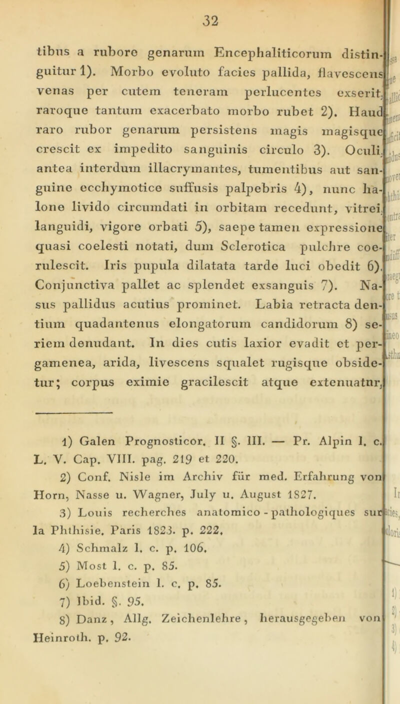 tibus a ruboro genarum Encephaliticorum distin guitur 1). Morbo evoluto facies pallida, flavescens venas per cutem teneram perlucentes exserit raroque tantum exacerbato morbo rubet 2). Haud raro rubor genarum persistens magis magisque crescit ex impedito sanguinis circulo 3). Oculi antea interdum illacryinantes, tumentibus aut san guine ecchymotice suffusis palpebris 4), nunc ha- lone livido circumdati in orbitam recedunt, vitrei languidi, vigore orbati 5), saepe tamen expressione quasi coelesti notati, dum Sclerotica pulchre coe- rulescit. Iris pupula dilatata tarde luci obedit 6) Conjunctiva pallet ac splendet exsanguis 7). Na- sus pallidus acutius prominet. Labia retracta den- tium quadantenus elongatorum candidorum 8) se- riem denudant. In dies cutis laxior evadit et per- gamenea, arida, livescens squalet rugisque obside- tur; corpus eximie gracilescit atque extenuatur, Ibus 1. C. von 1) Galen Prognosticor. II §. III. — Pr. Alpin L. V. Cap. VIII. pag. 219 et 220. 2) Conf. Nisle im Archiv fur med. Erfahrung Horn, Nasse u. Wagner, .Tuly u. August 1S27. 3) Louis recherches anatomico - palhologiques sur la Phthisie. Paris 1823. p. 222. 4) Schmalz 1, c. p. 106. 5) Most 1. c. p. 85. 6) Loebenstein 1. c. p. 85. 7) Ibid. §. 95. 8) Danz , Allg. Zeiclienlehre , herausgegeben Ileinrolh. p, 92. von ne nfici! ilfllb novei ibthi: ntK iler net ineo lori: