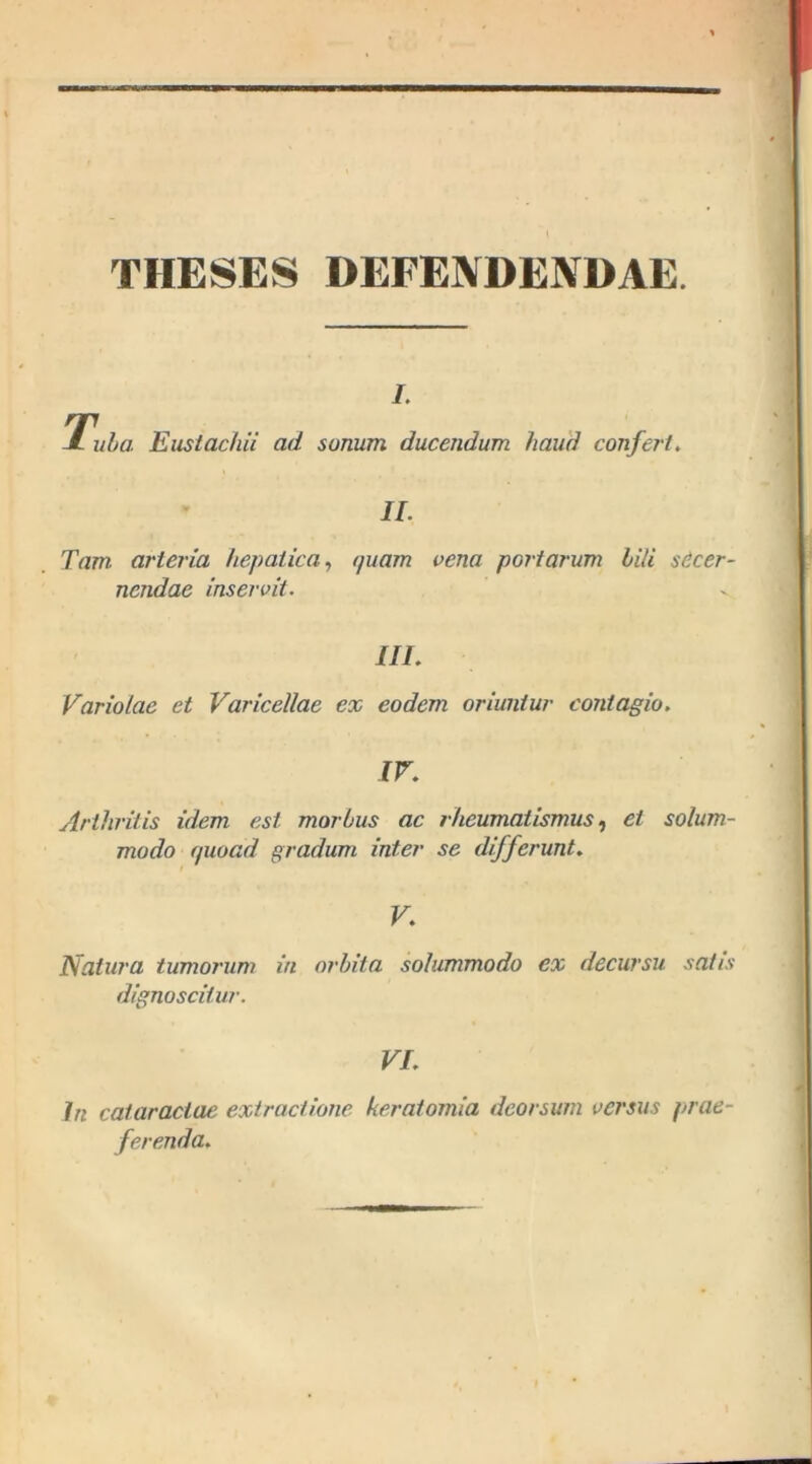 THESES DEFENDENDAE. i. uba Eustachii ad sonum ducendum haud confert. II. Tam arteria hepatica, quam vena portarum hili secer- nendae inservit. III. Variolae et Varicellae ex eodem oriuntur contagio. IV. Arthritis idem est morbus ac rheumatismus, et solum- modo quoad gradum inter se differunt. V. Natura tumorum in orbita solummodo ex decursu satis dignoscitur. VI. hi cataractae extractione keratomia deorsum versus prae- ferenda.