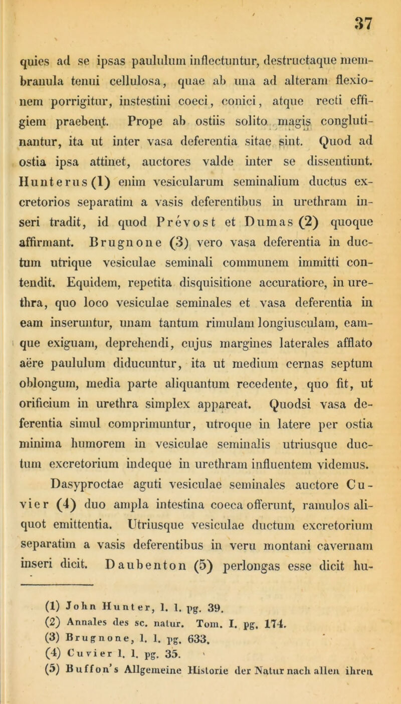 quies aci se ipsas paululum inflectuntur, destructaque mem- branula tenui cellulosa, quae ab una ad alteram flexio- nem porrigitur, instestini coeci, conici, atque recti effi- giem praebent. Prope ab ostiis solito magis congluti- nantur, ita ut inter vasa deferentia sitae sint. Quod ad ostia ipsa attinet, auctores valde inter se dissentiunt. H u n t e r u s enim vesicularum seminalium ductus ex- cretorios separatim a vasis deferentibus in urethram in- seri tradit, id quod Prevost et Durnas (2) quoque affirmant. Brugnone (3) vero vasa deferentia in duc- tum utrique vesiculae seminali communem immitti con- tendit. Equidem, repetita disquisitione accuratiore, in ure- thra, quo loco vesiculae seminales et vasa deferentia in eam inseruntur, unam tantum rimulam longiusculam, eam- que exiguam, deprehendi, cujus margines laterales afflato aere paululum diducuntur, ita ut medium cernas septum oblongum, media parte aliquantum recedente, quo fit, ut orificium in urethra simplex appareat. Quoclsi vasa de- ferentia simul comprimuntur, utroque in latere per ostia minima humorem in vesiculae seminalis utriusque duc- tum excretorium indeque in urethram influentem videmus. Dasyproctae aguti vesiculae seminales auctore Cu- vier (4) duo ampla intestina coeca offerunt, ramulos ali- quot emittentia. Utriusque vesiculae ductum excretorium separatim a vasis deferentibus in veru montani cavernam inseri dicit. D a u b e n t o n (5) perlongas esse dicit hu- (1) John Hunter, 1. 1. pg. 39. (2) Annales <les sc. nalur. Toin. I. pg. 174. (3) Brugnone, 1. 1. pg. 633. (4) Cuvier 1. 1. pg. 35. > (5) Buffon’s Allgemeine Hislorie der Natur nach allen iliren.