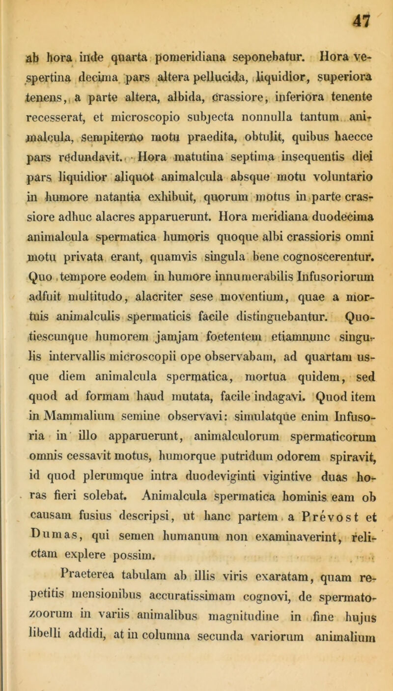 ab hora inde quarta pomeridiana seponebatur. Hora ve- spertina decima pars altera pellucida, liquidior, superiora tenens, a parte altera, albida, crassiore, inferiora tenente recesserat, et microscopio subjecta nonnulla tantum ani- malcula, sempiterno motu praedita, obtulit, quibus haecce pars redundavit. Hora matutina septima insequentis diei pars liquidior aliquot animalcula absque motu voluntario in humore natantia exhibuit, quorum motus in parte cras- siore adhuc alacres apparuerunt. Hora meridiana duodecima animalcula spermatica humoris quoque albi crassioris omni motu privata erant, quamvis singula bene cognoscerentur. Quo tempore eodem in humore innumerabilis Infusoriorum adfuit multitudo, alacriter sese moventium, quae a mor- tuis animalculis spermaticis facile distinguebantur. Quo- tiescunque humorem jamjam foetentem etiamnunc singu- lis intervallis microscopii ope observabam, ad quartam us- que diem animalcula spermatica, mortua quidem, sed quod ad formam haud mutata, facile indagavi. Quod item in Mammalium semine observavi: simulatque enim Infuso- ria in illo apparuerunt, animalculorum spermaticorum omnis cessavit motus, humorque putridum odorem spiravit, id quod plerumque intra duodeviginti vigintive duas ho- ras fieri solebat. Animalcula spermatica hominis eam ob causam fusius descripsi, ut hanc partem a Prevost et Dum as, qui semen humanum non examinaverint, reli- ctam explere possim. Praeterea tabulam ab illis viris exaratam, quam re- petitis mensionibus accuratissimam cognovi, de spermato- zoorum in variis animalibus magnitudine in fine hujus libelli addidi, at in columna secunda variorum animalium