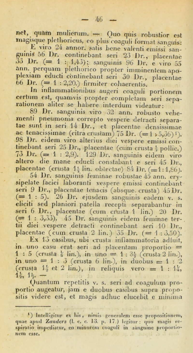 net, quam mulierum. ■— Ouo quis robustior est magisque plcthoricus, eo plus coaguli format sanguis: . v,ro ^4 annor, satis bene valenti emissi san- guinis 56 Dr. continebant seri 23 J)r., placentae o3 Dr. (= 1 : 1,43); sanguinis 96 Dr. e viro 55 arin. perquam plethorico propter imminentem apo- plexiam educti continebant seri 30 Dr., placentae 66 Dr. (= 1 : 2,20.) firmiter cohaerentis. in inflammationibus augeri coaguli portionem certum est, quamvis propter completam seri sepa- rationem aliter se habere interdum videatur: 89 J)r. sanguinis viro o2 ann. robusto vehe- menti pneumonia correpto vespere detracti separa- tae sunt in seri 14 Dr., et placentae densissimae ac tenacissimae (citra crustam) 75 Dr. (= 1 >5,36) ‘). 98 Dr. eidem viro alterius diei vespere emissi con- tinebant seri 25 Dr., placentae (cum crusta \ pollic.) 73 Dr. (= 1 : 2,9). 129 Dr. sanguinis eidem viro altero die mane educti constabant e seri 45 Dr., placentae (crusta 1 % iin. obtectae) 84 Dr. (=1:1,86). 54 Dr. sanguinis feminae robustae 45 ann. ery- sipelate faciei laboranti vespere emissi continebant seri 9 Dr., placentae tenacis (absque, crusta) 45Dr, (— 1 : 5). 26 Dr. ejusdem sanguinis eadem v. s. eliciti sed planiori patella recepti separabantur in seri 6 Dr., placentae (cum crusta 1 lin.) 20 Dr. Oy 1 : 3,33). 45 Dr. sanguinis eidem feminae ter- tii diei vespere detracti continebant seri 10 Dr., placentae (cum crusta 2 lin.) 35 Dr. ( = 1 : 3,50). Ex 13 casibus, ubi crusta inflammatoria ad luit, in uno casu erat seri ad placentam proportio — 1 : 5 (crusta \ lin.), in uno — 1:3\ (crusta 2 lin.), in uno = 1:3 (crusta 6 lin-), in duobus =1:2 (erusfa \\ et 2 lin.), in reliquis vero = 1 : i%, 11, 1%. - Ouantum repetitis v. s. seri ad coagulum pro- portio augeatur, jam e duobus casibus supra propo- sitis videre est, et magis adhuc elucebit e minima *) Intelligitnr ex his, nimis generalem esse propositionem, quae apud Zanders (1. c. c. 13. p. 17.) legitur: quo magis re- spiratio impediatur, eo minorem coaguli in sanguine proportio- nem esse.