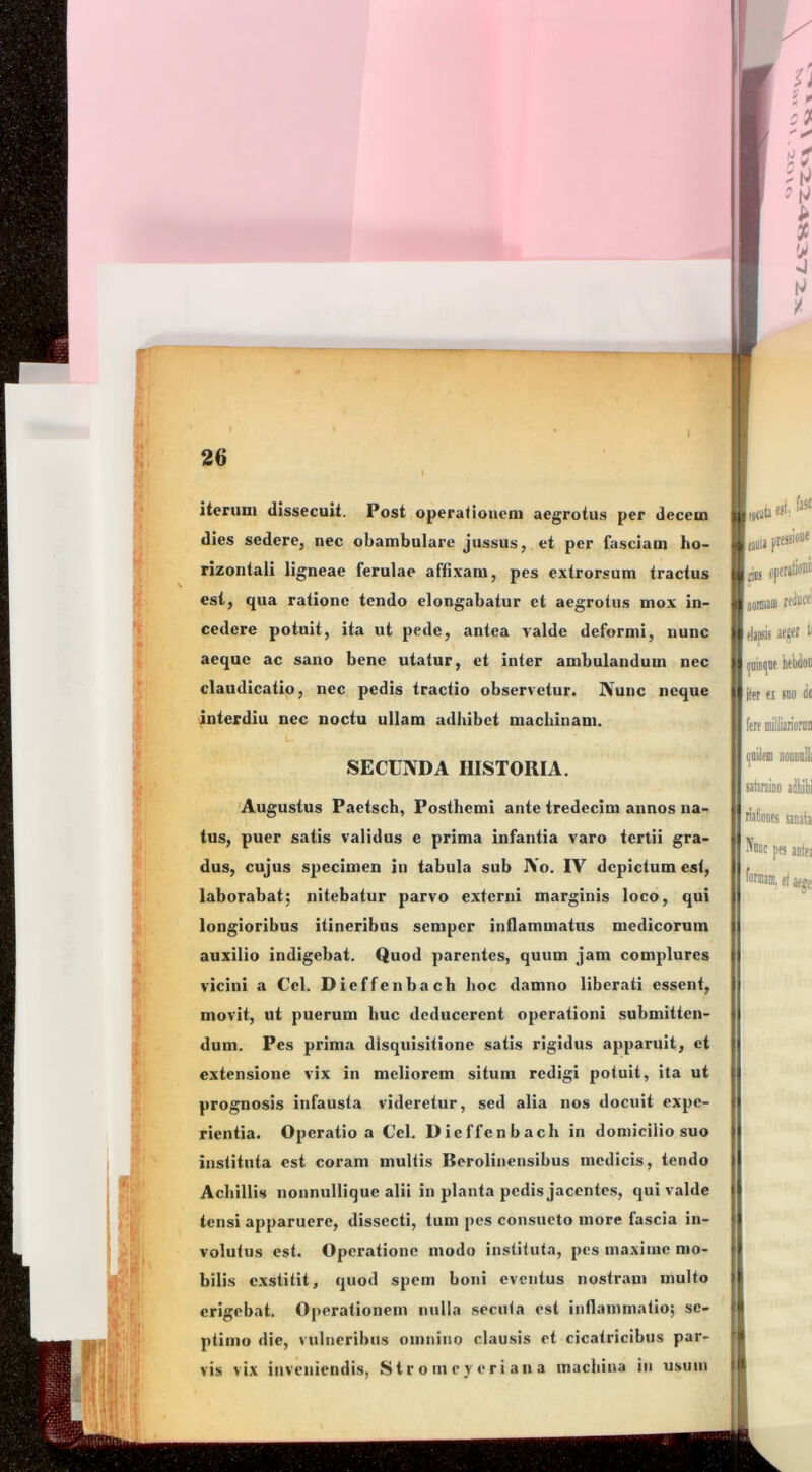26 itcnini dissecuit. Post operationem aegrotus per decem dies sedere, nec obambulare jussus, et per fasciam ho- rizontali ligneae ferulae affixam, pes extrorsum tractus est, qua ratione tendo elongabatur et aegrotus mox in- cedere potuit, ita ut pede, antea valde deformi, nunc aeque ac sano bene utatur, et inter ambulandum nec claudicatio, nec pedis tractio observetur. Nunc neque interdiu nec noctu ullam adhibet machinam. SECUNDA HISTORIA. 'Augustus Paetsch, Posthemi ante tredecim annos na- tus, puer satis validus e prima infantia varo tertii gra- dus, cujus specimen in tabula sub No. IV depictum est, laborabat; nitebatur parvo externi marginis loco, qui longioribus itineribus semper inflammatus medicorum auxilio indigebat. Quod parentes, quum jam complures vicini a Cei. Dieffenbach hoc damno liberati essent, movit, ut puerum huc deducerent operationi submitten- dum. Pes prima disquisitione satis rigidus apparuit, et extensione vix in meliorem situm redigi potuit, ita ut prognosis infausta videretur, sed alia nos docuit expe- rientia. Operatio a Cei. Dieffenbach in domicilio suo instituta est coram multis Berolinensibus medicis, tendo Achillis nonnullique alii in planta pedis jacentes, qui valde tensi apparuere, dissecti, tum pes consueto more fascia in- volutus est. Operatione modo instituta, pes maxime mo- bilis exstitit, quod spem boni eventus nostram multo erigebat. Operationem nulla secuta est inflammatio; se- ptimo die, vulneribus omnino clausis et cicatricibus par- vis vix inveniendis, Str o m e y e ri an a machina in usum caiiia prfss'”® jiiis operitioDi! noriD3ii) rtilDCtl elapsis aetet t pniaijiif kbdoD iter ei suo k fere oiijliariomo ^niileiD ooDDDlb satiniiiio adliibi riabones sanata pes antei I