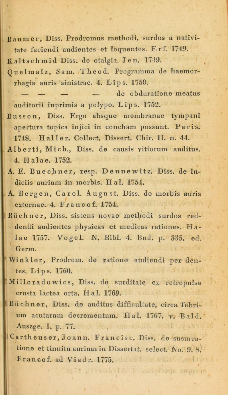 B aura er, Diss. Prodroraus methodi, surdos a nativi- ' tate faciendi audientes et loquentes. Erf. 1719. Kaltschmid Diss. de otalgia. Jen. 1749. Quelraalz, Sara. iTheod. Programma de haemor- rliagia auris'sinistrae. 4. Lips. 1750. — — — — de obduratione meatus auditorii inprirais a polypo. Lips. 1752. ,Busson, Diss. Ergo absque membranae tympani apertura topica injici in concham possunt. Paris. 1748. Hali er. Collect. Dissert. Chir. 11. n. 44. I Alberti, Midi., Diss. de causis vitiorum auditus. 4. Halae. 1752. A. E. Buechner, resp. Dennewitz. Diss. do in- diciis aurium in morbis. Hal. 1754. A. Bergen, Carol. August. Diss. do morbis auris externae. 4. Eraneof. 1754. Biichner, Diss. sistens novae methodi surdos red- dendi audientes physicas et medicas rationes. Ha- i lae 1757. Vogel. N. Bibi. 4. Bnd. p. 335. ed. Germ. ''Winkler, Prodrora. do ratione audiendi per den- tes. Lips. 1760. .Milloradowics, Diss. de surditate ex rotropulsa \ crusta lactea orta. Hal. 1769. Biichner, Diss. do auditus difficultate, circa febri- um acutarum decreraontura. Hal. 1767. v. Bald.' Auszge. I. p. 77. , ICartheuser, Joann. Francisc. Diss. do susurra^ tione et tinnitu aurium in Dissertat, sclcct. No. 9. 8. Francof. ad Viadr. 1775. l • ' l /