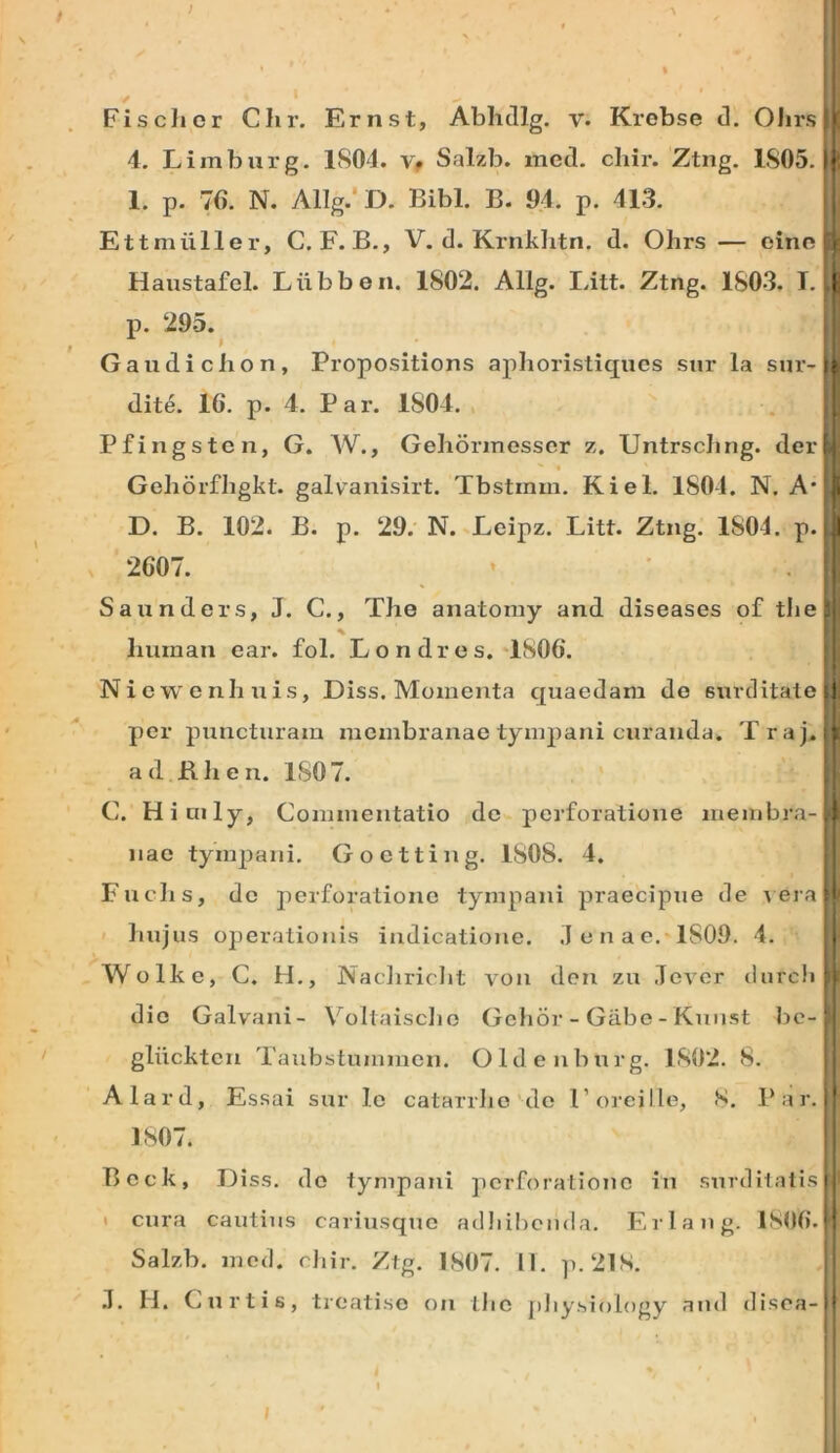 ; Fisclicr Clir. Ernst, Abhcllg. v. Krebse <]. OJirs|i 4. Limbnrg. 1804. Vf Salzb. med. chir. Ztng. 1805. U 1. p. 76. N. Allg.'D. Bibi. B. 94. p. 413. Ettmiiller, C.F.B., V. d. Krnklitn. d. Ohrs — eino i Haustafel. Liibboii. 1802. Allg. Litt. Ztng. 1803. 1. (: p. 295. , » Gaudiclion, Propositions aphoristiqiics snr la sur- dite. 16. p. 4. Par. 1804. , . | Pfingstcn, G. AV., Gehorinesscr z. Untrscling. derli Geborfhgkt. galvanisirt. Tbstmm. Kiel. 1801. N. A* D. B. 102. B. p. 29. N. Lcipz. Litt. Ztng. 1804. p. lil X 2607. » ■ .1 Saunders, J. C., The anatoniy and diseases of thepi % liuinan ear. fol. Londres. 1806. Nicwenhuis, Diss. Momenta quaedam do surditate sl per puncturam membranae tymjiani curanda. Traj.it ad Rlien. ISO7. C. H imly, Commentatio do perforatione membra-,! nae tympani. Goetting. 1808. 4. ' Fuclis, de perforatione tympani praecipue de AeraS I hujus operationis indicatione. .1 e n a e. 1809. 4. i AVolke, C. H., Nacliriclit Aon don zu .lever durc!i;i dio Galvani- Voltaisclio GeJior - Giibe - Kun.st lic-' gliickten Taubstummen. Oldenburg. 1.802. 8. Alard, Essai sur Io catarrho do 1’orcille, 8. Par. ( 1807. Beck, Diss. do tympani perforatione in .surditatisu. I cura cautius cariusque ad!ii!)cnda. Erlang. 1806.4 Salzb. med. diir. Ztg. 1.807. H. p.21S. S 1. H. Curtis, treati.se on tlio [tJiysiology and disca-lf