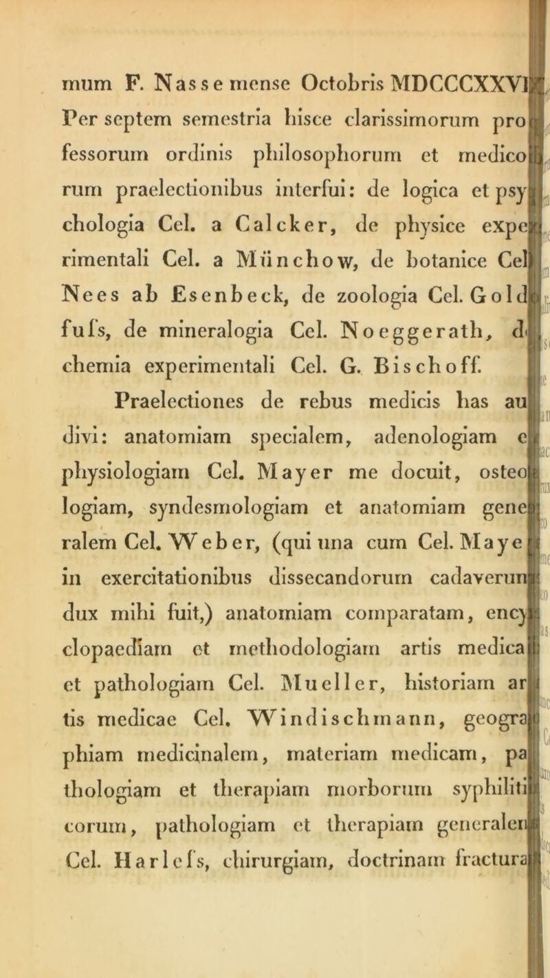 nuim F. Nasse mense Octobris MDCCCXXVljjj; Per septem semestria hisce clarissimorum pro fessorum ordinis philosophorum et medico I rum praelectionibus interfui: de logica etpsyl chologia Ccl. a Calcker, de physice expcijj rimentali Cei. a Miinchow, de hotanice Cei Nees ah Esenbeck, de zoologia Cei. Gold fuls, de mineralogia Cei. Noeggerath, & chemia experimentali Cei. G. Bischoff. Praelectiones de rebus medicis has au divi: anatomiam specialem, adenologiam c physiologiam Cei. May er me docuit, osteo| n I logiam, syndesmologiam et anatomiam gene|j ralem Cei. W eber, (qui una cum Cei. May e |i< in exercitationibus dissecandorum cadaverun dux mihi fuit,) anatomiam comparatam, enc)jfe clopaediarn et inethodologiam artis medica|L et pathologiam Ccl. Mueller, historiam arbi tis medicae Ccl. Windischm ann, geograp phiam medicinalem, materiam medicam, pa thologiam et therapiam morborum syphilidi eorum, pathologiam et therapiam generaleu | Cei. Harlefs, chirurgiam, doctrinam fractura):